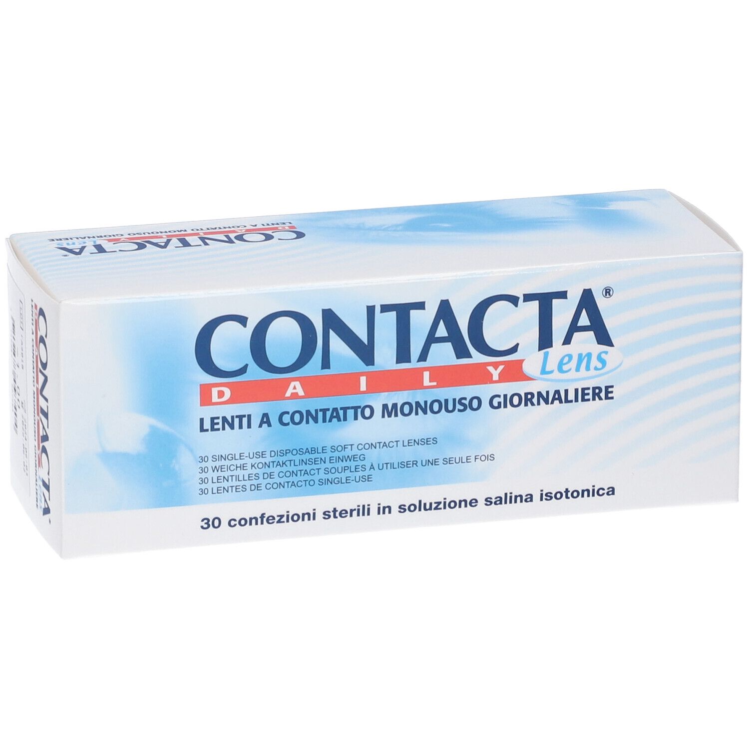 Confezione di lenti a contatto. Scritta: CONTACTA Daily Lens, Lenti a Contatto Monouso Giornaliere. 30 pezzi.