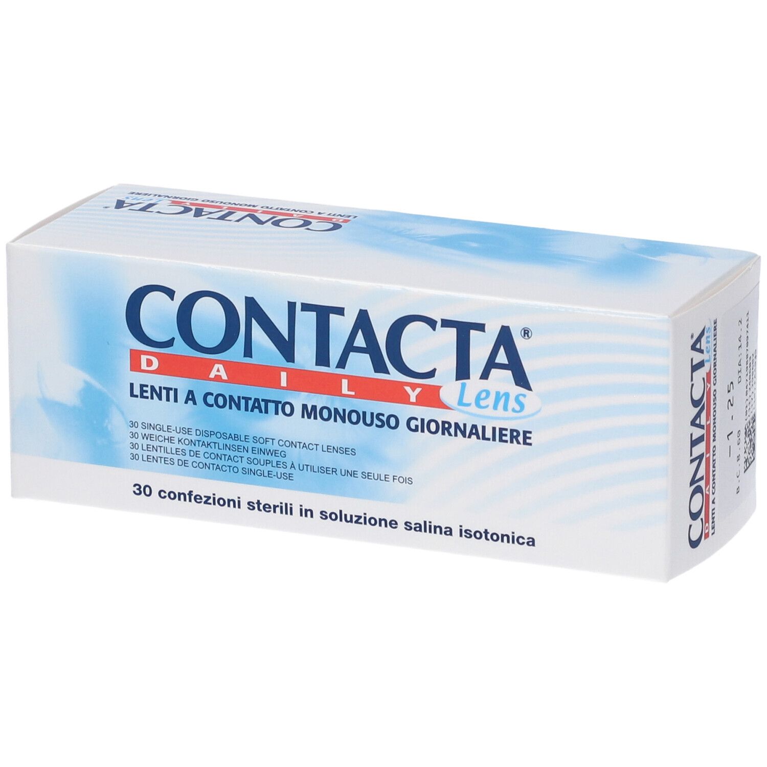 Confezione di lenti a contatto CONTACTA Daily Lens. Contiene 30 lenti morbide. Testo multilingue.