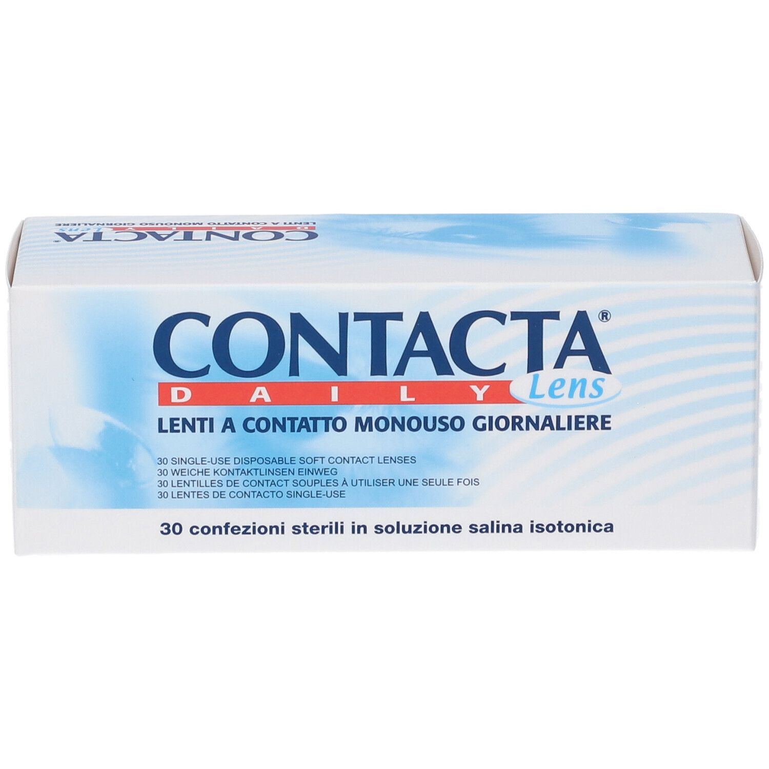 Confezione di lenti a contatto CONTACTA Daily Lens. Contiene 30 lenti morbide. Retro con testo e codici.