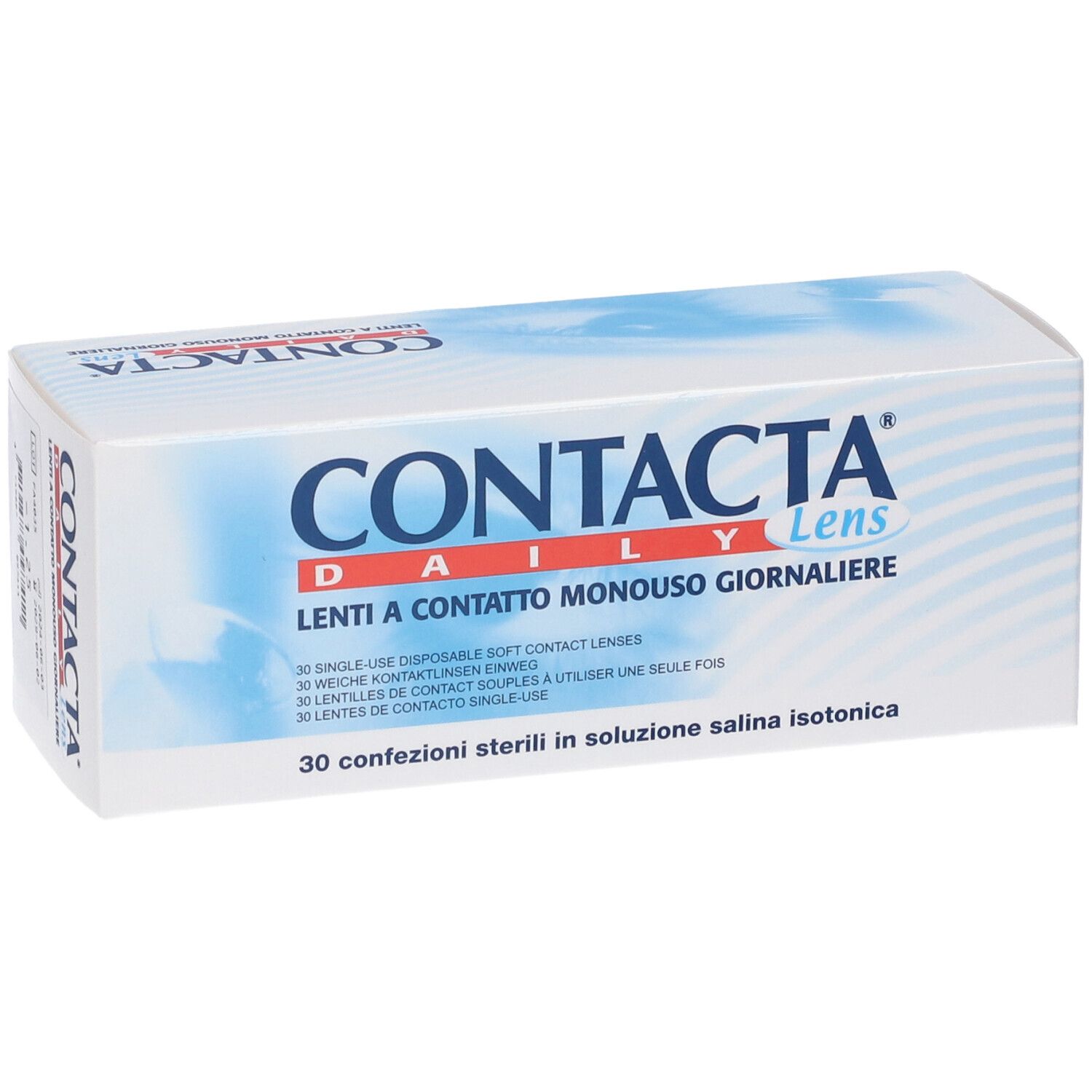 Confezione di lenti a contatto CONTACTA Daily Lens. Contiene 30 lenti sterili in soluzione salina isotonica.