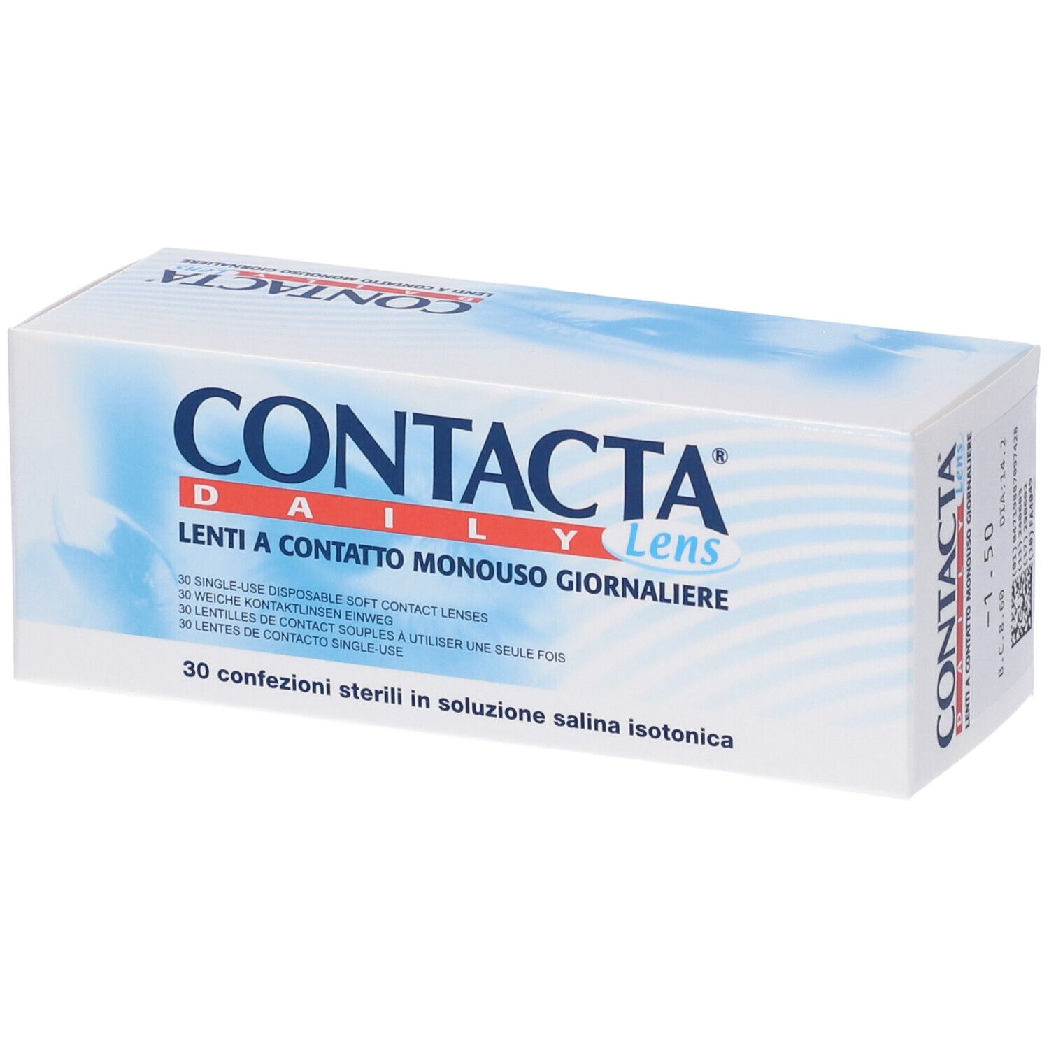 Confezione di lenti a contatto. Contacta Daily Lens, 30 lenti. Testo: Lenti a Contatto Monouso Giornaliere.