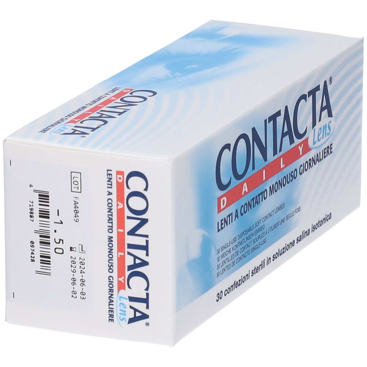 Confezione di lenti a contatto. Contacta Daily Lens, 30 lenti. Testo: Lenti a Contatto Monouso Giornaliere. Diottria -1,50.