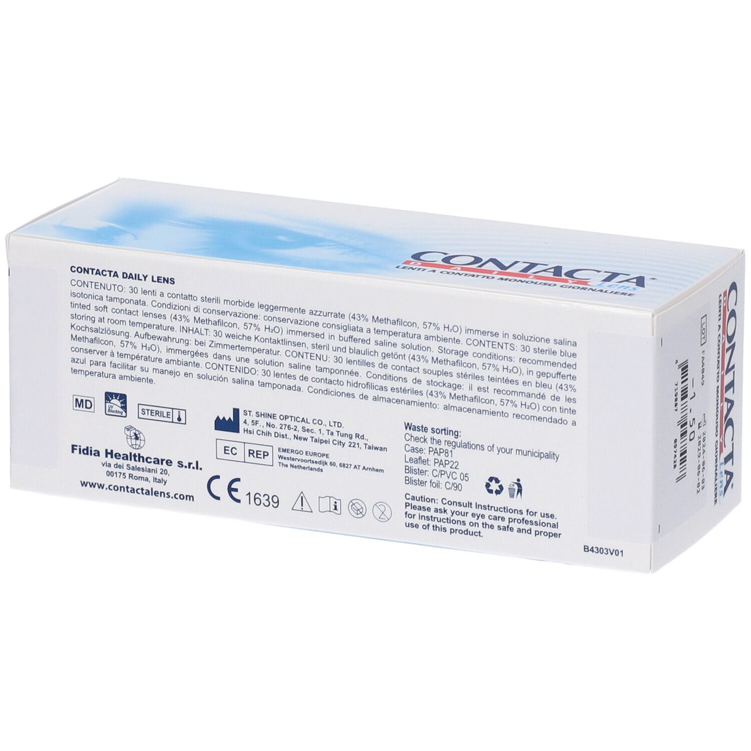 Retro della confezione di lenti a contatto. Testo: Contacta Daily Lens. Informazioni sugli ingredienti e il produttore.