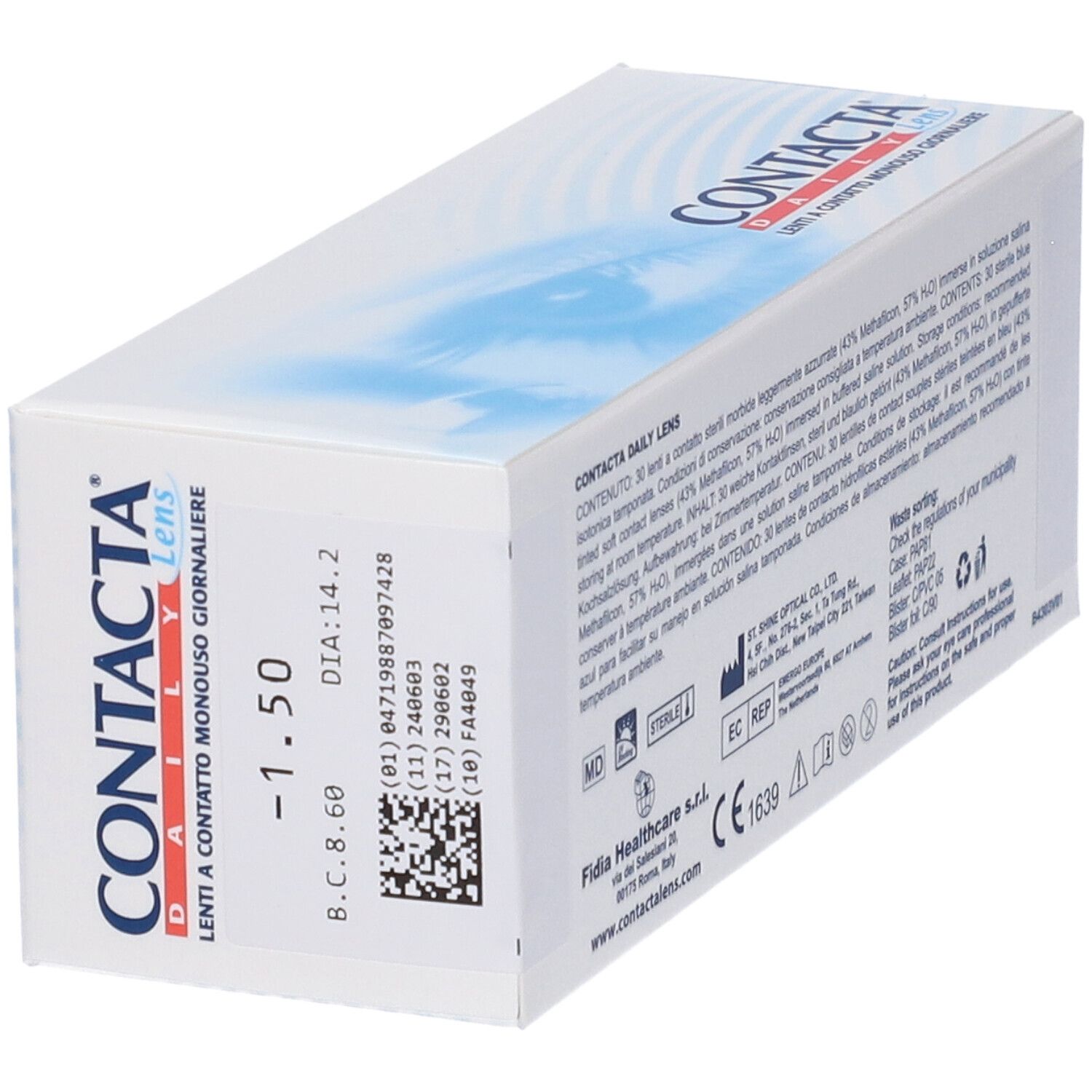 Confezione di lenti a contatto. Contacta Daily Lens, 30 lenti. Testo: Lenti a Contatto Monouso Giornaliere. Diottria -1,50.