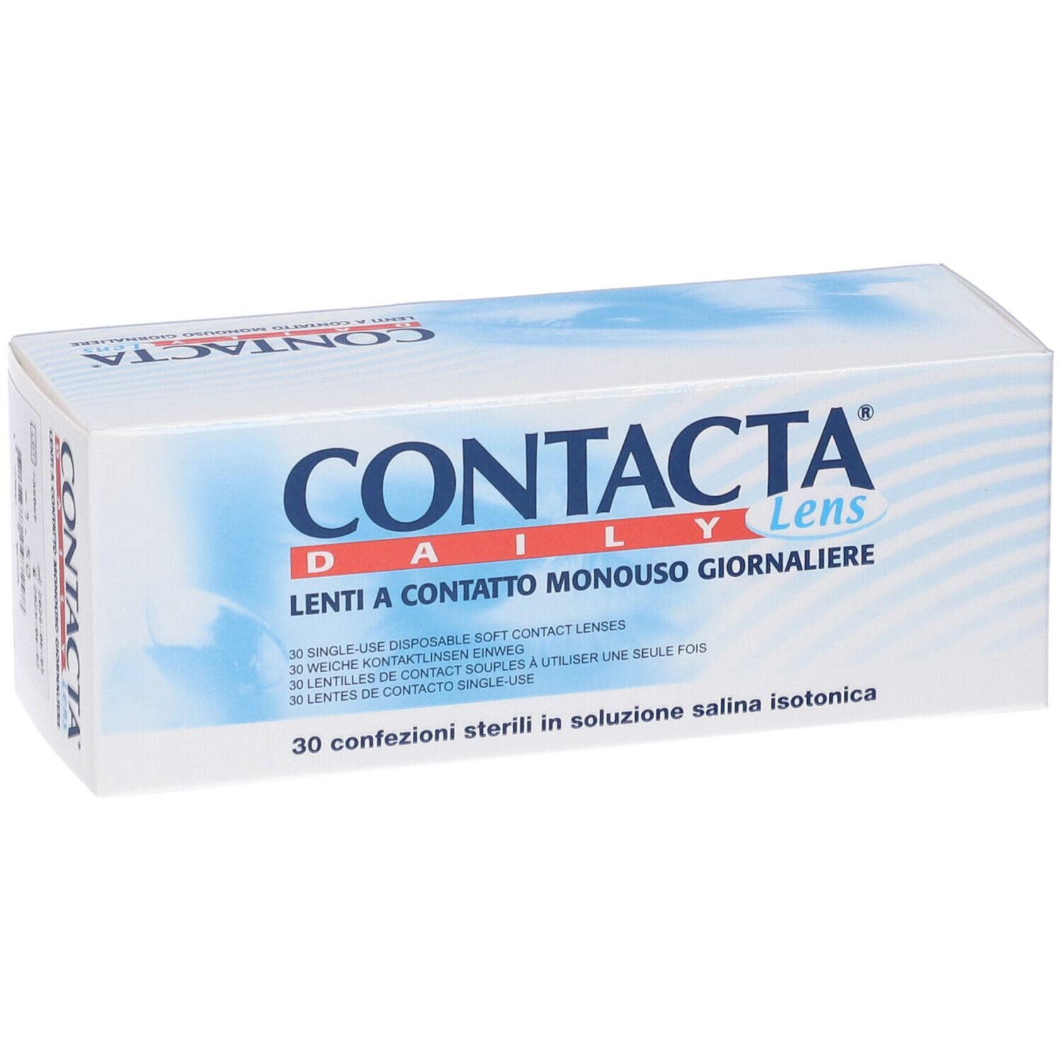 Confezione di lenti a contatto. Contacta Daily Lens, 30 lenti. Testo: Lenti a Contatto Monouso Giornaliere.