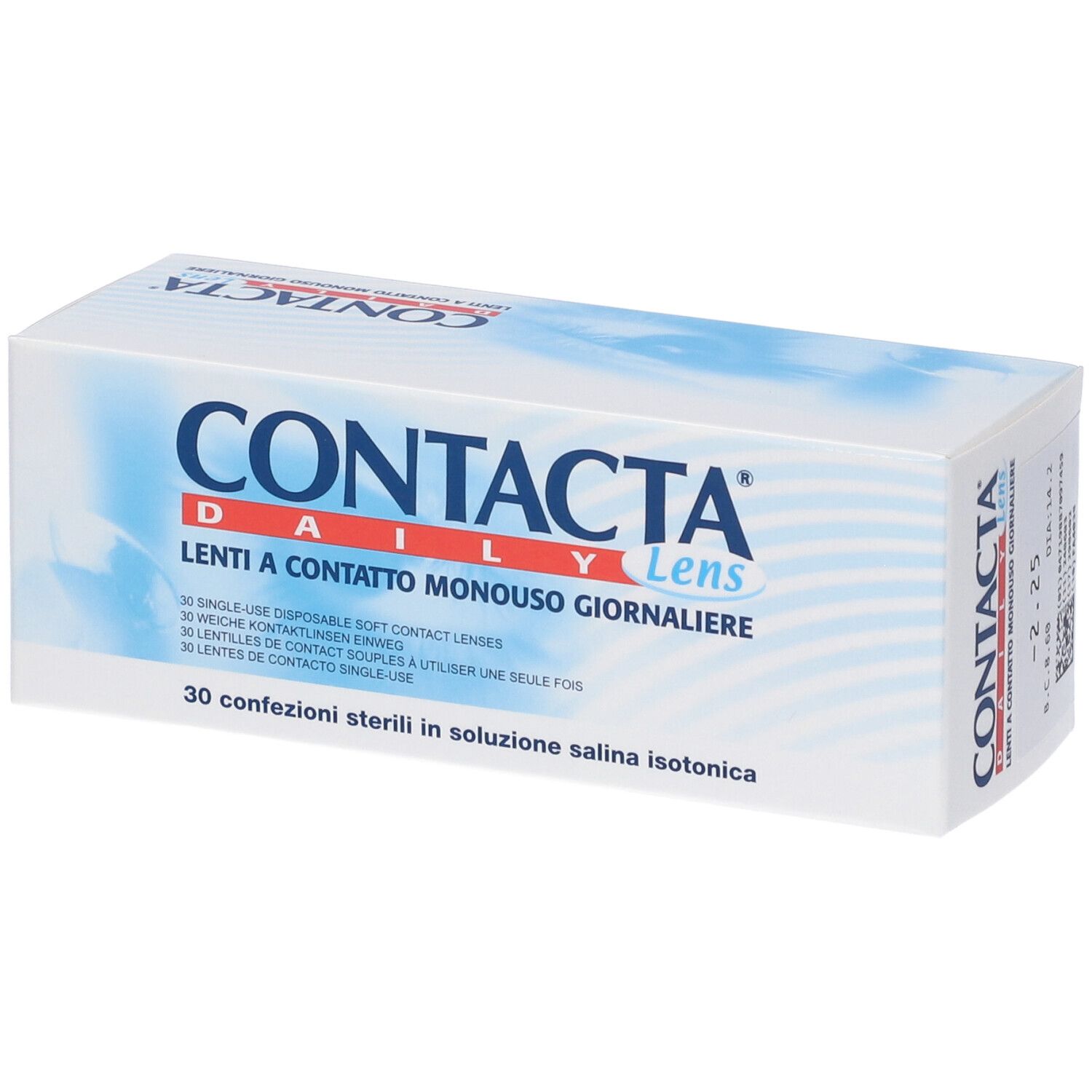 Scatola bianca con testo blu. CONTACTA Daily Lens, Lenti a Contatto Monouso Giornaliere. 30 lenti a contatto usa e getta.