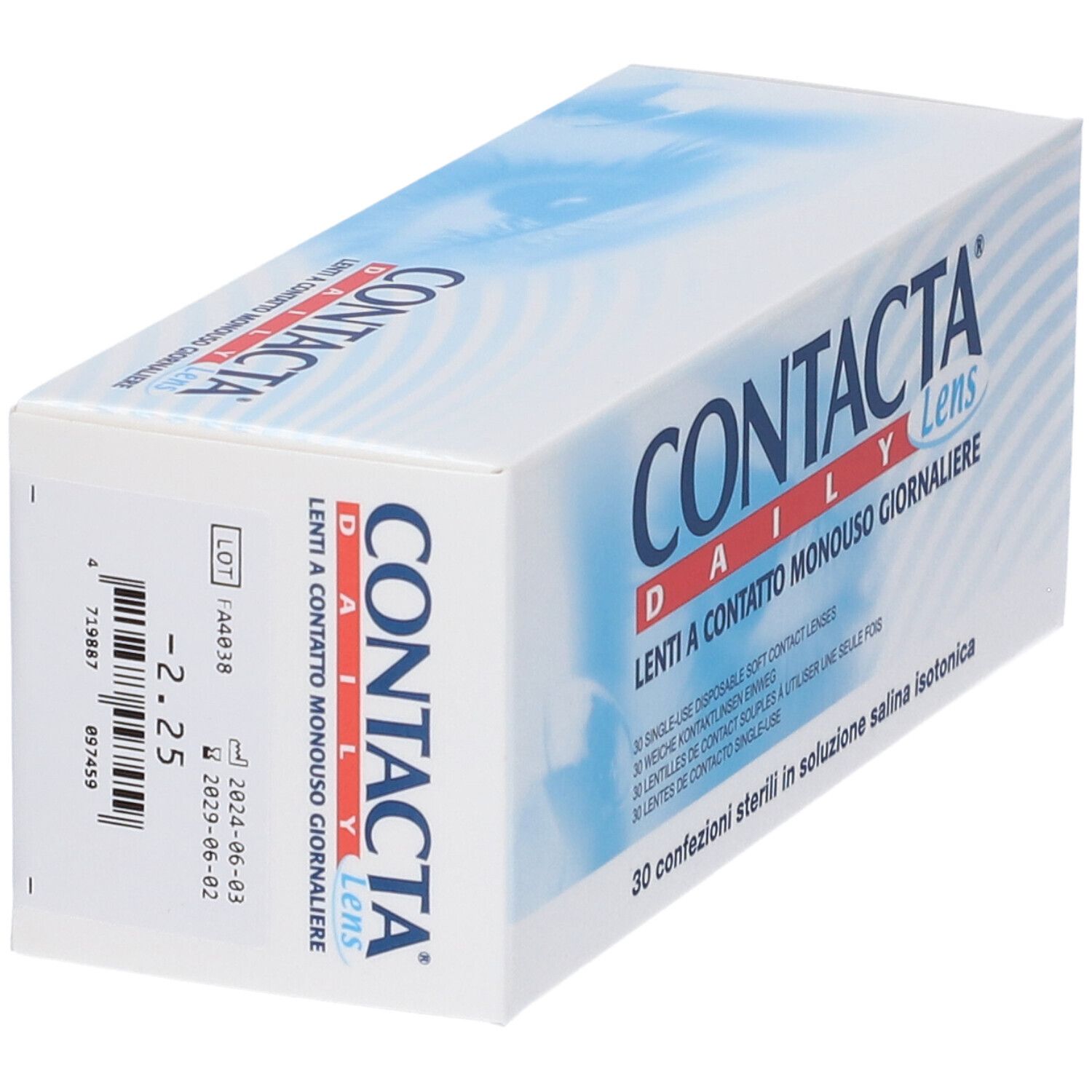 Scatola bianca con testo blu. CONTACTA Daily Lens, Lenti a Contatto Monouso Giornaliere. Dettagli e numero di lotto.
