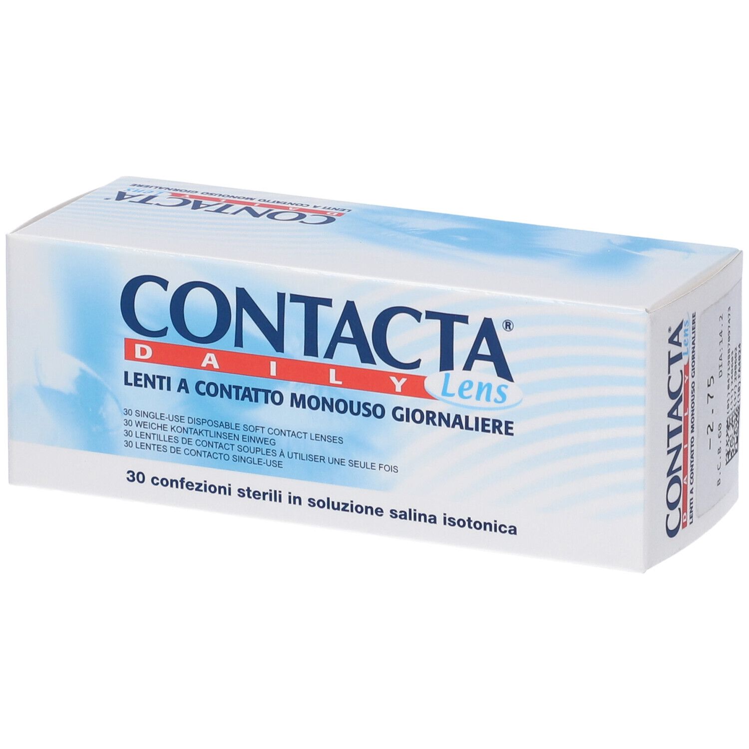 Scatola bianca con logo "CONTACTA Daily Lens". Testo: Lenti a Contatto Monouso Giornaliere. 30 lenti giornaliere. Nuvole blu.