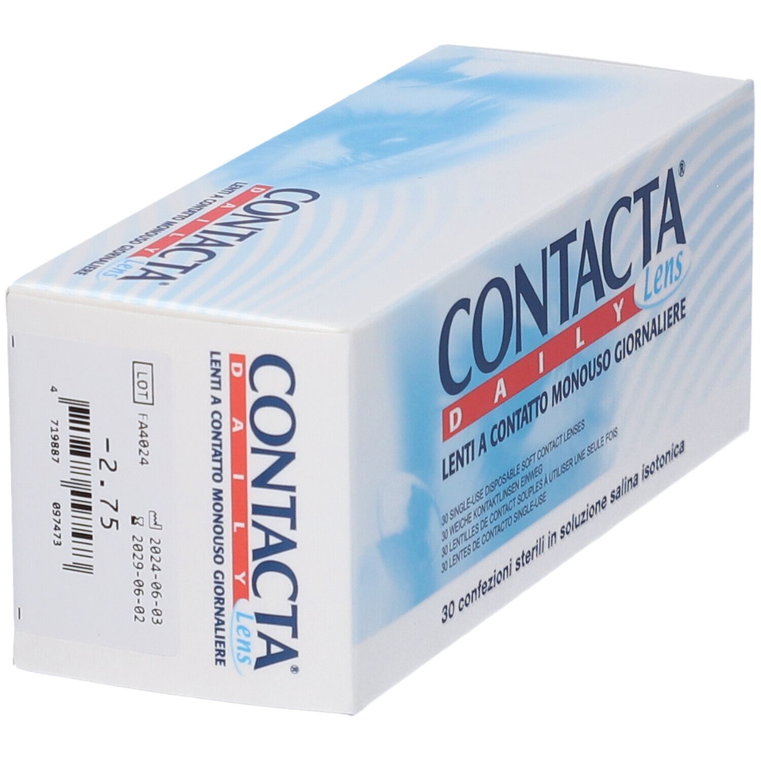 Scatola bianca con logo "CONTACTA Daily Lens". Testo: Lenti a Contatto Monouso Giornaliere. 30 lenti giornaliere. Nuvole blu.