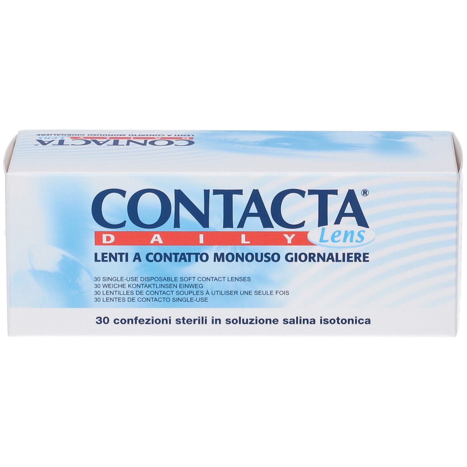 Scatola bianca con logo "CONTACTA Daily Lens". Testo: Lenti a Contatto Monouso Giornaliere. 30 lenti giornaliere.