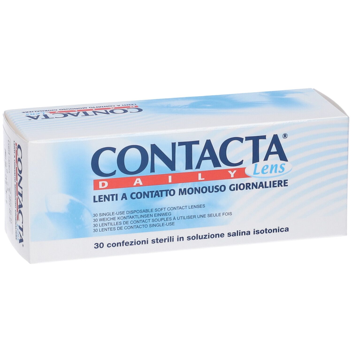 Scatola bianca con logo "CONTACTA Daily Lens". Testo: Lenti a Contatto Monouso Giornaliere. 30 lenti giornaliere. Nuvole blu.