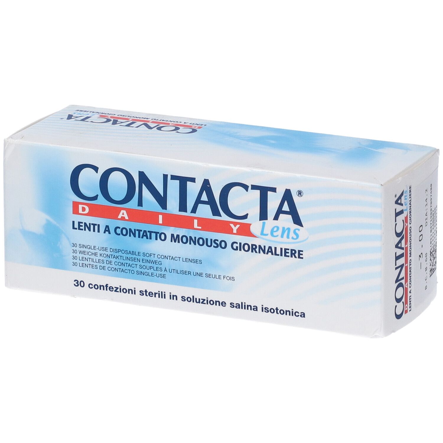 Scatola bianca con testo blu. Scritto: CONTACTA Daily Lens, Lenti a Contatto Monouso Giornaliere. 30 lenti a contatto.