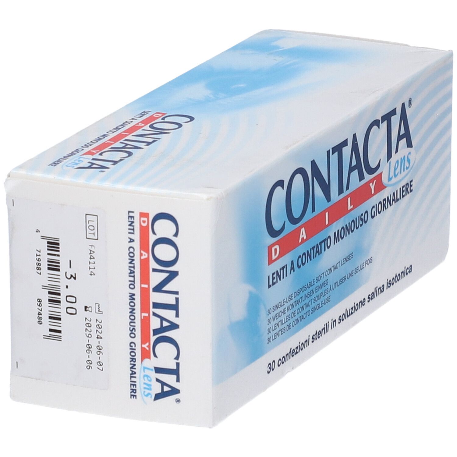 Scatola con testo blu. Scritto: CONTACTA Daily Lens, Lenti a Contatto Monouso Giornaliere. 30 lenti. Testo sul retro.