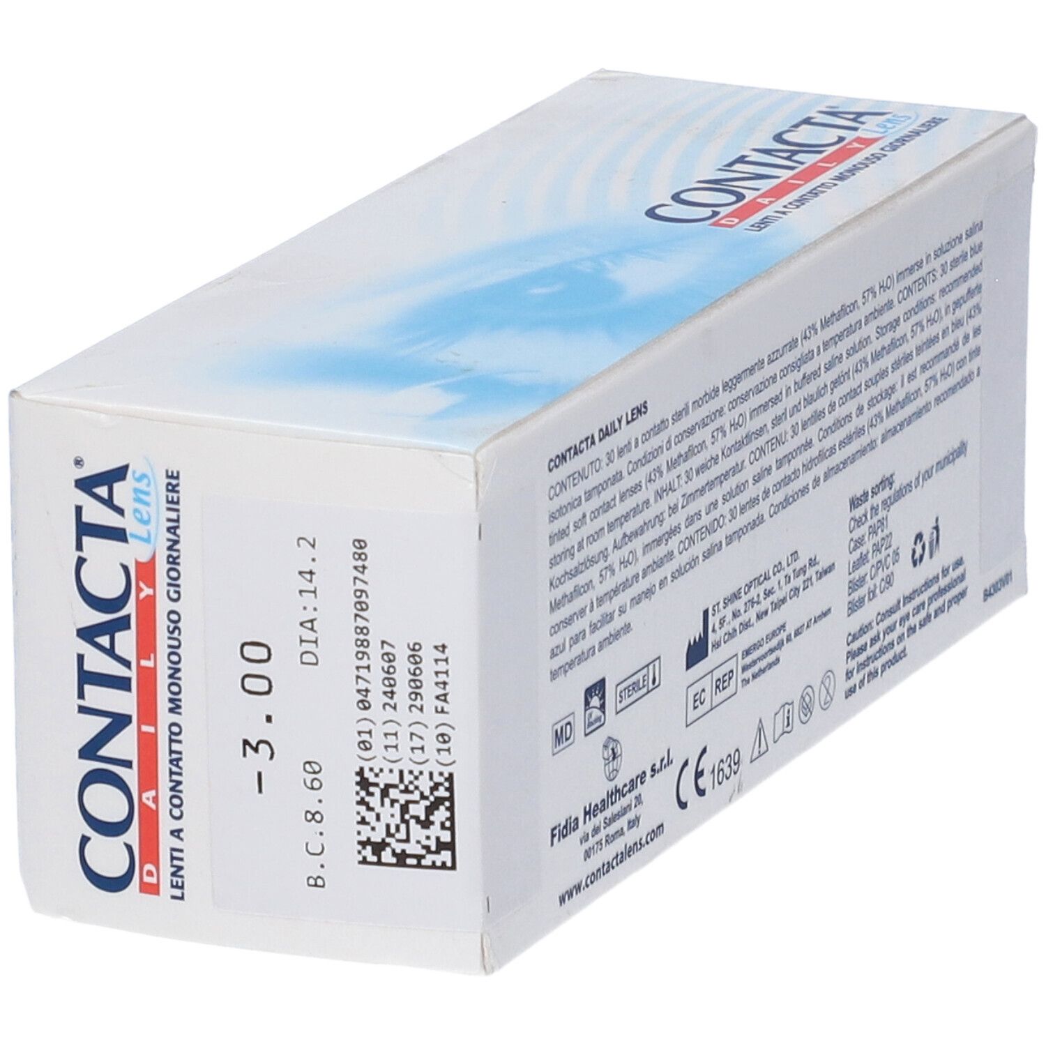 Scatola con testo blu. Scritto: CONTACTA Daily Lens, Lenti a Contatto Monouso Giornaliere. Testo sul retro e codice a barre.