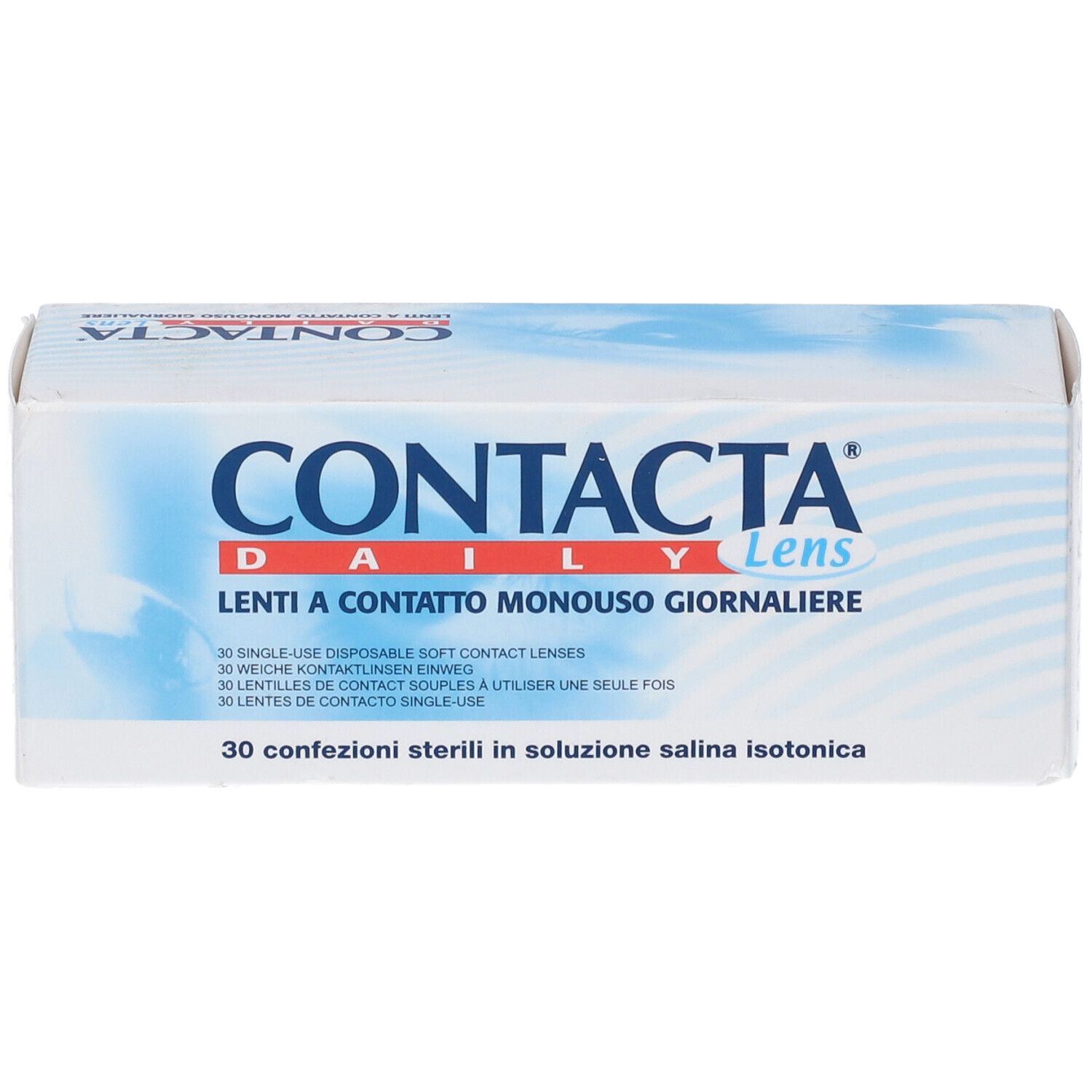 Scatola con testo blu. Scritto: CONTACTA Daily Lens, Lenti a Contatto Monouso Giornaliere. 30 lenti. Vista frontale.