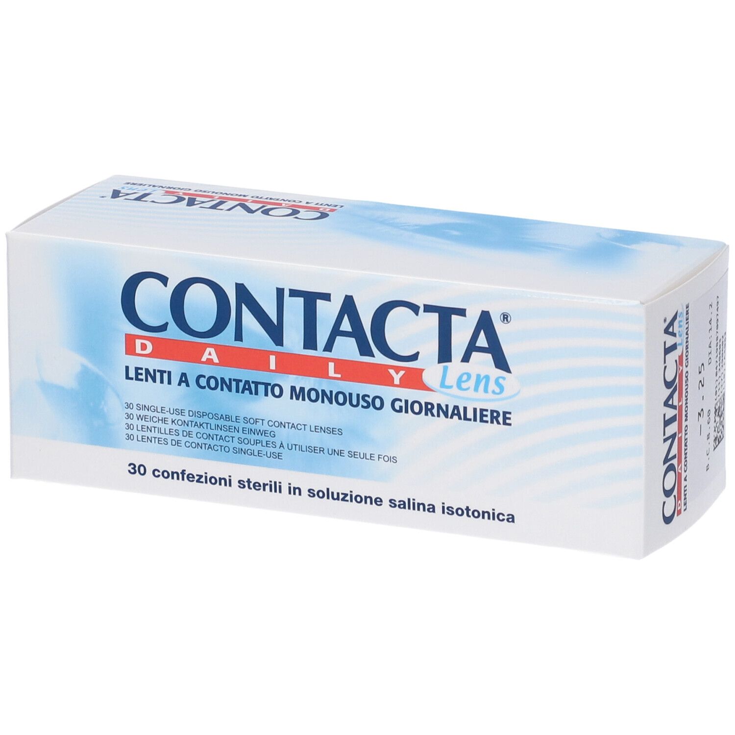 Confezione CONTACTA DAILY Lens. Testo multilingue. 30 lenti giornaliere.