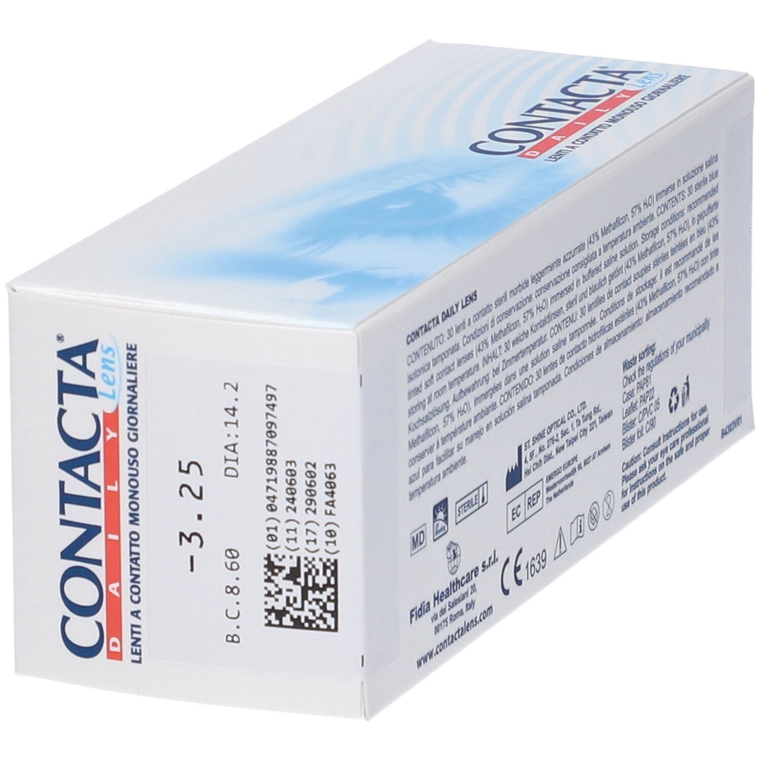 Confezione CONTACTA DAILY Lens. Informazioni stampate. Marchio CE. -3,25.