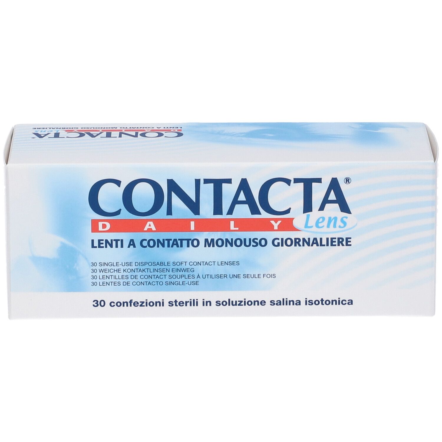 Confezione CONTACTA DAILY Lens. 30 lenti giornaliere. Testo multilingue.