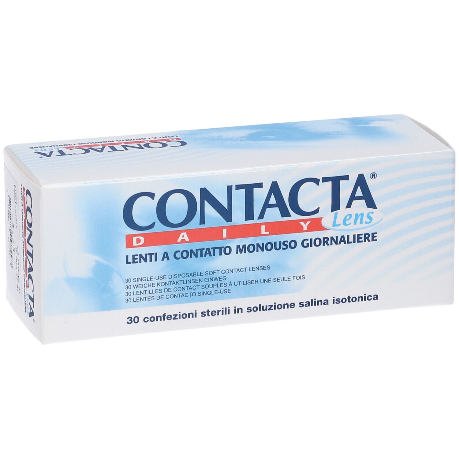 Confezione CONTACTA DAILY Lens. 30 lenti giornaliere. Sfondo blu.