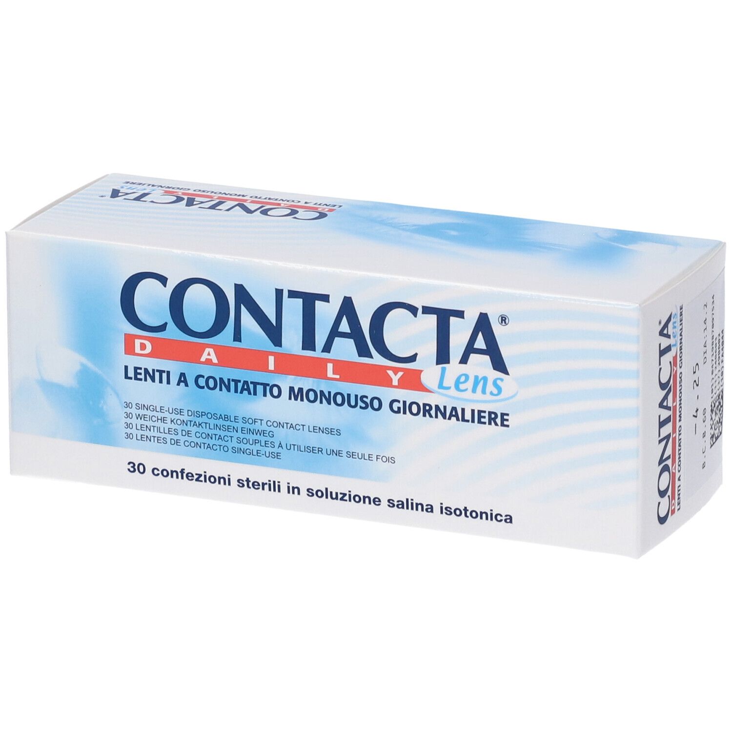 Confezione di lenti a contatto. Scritta CONTACTA Daily Lens. 30 lenti morbide. Sterili.