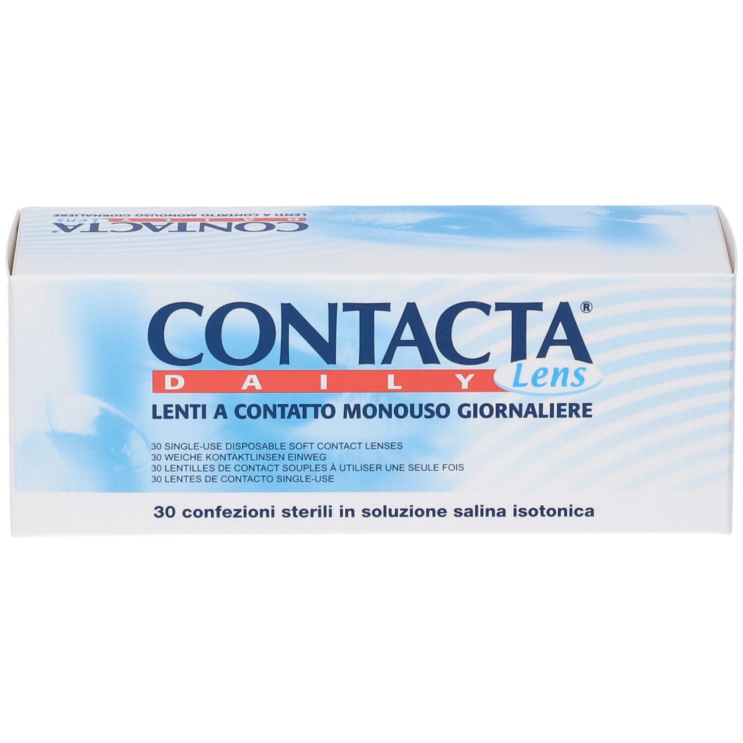 Confezione di lenti a contatto. Scritta CONTACTA Daily Lens. 30 lenti morbide. Sterili.