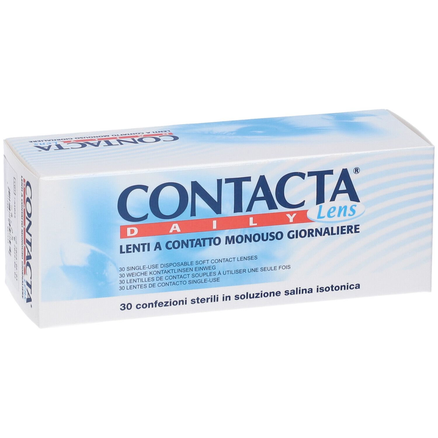 Confezione di lenti a contatto. Scritta CONTACTA Daily Lens. 30 confezioni sterili in soluzione salina isotonica.