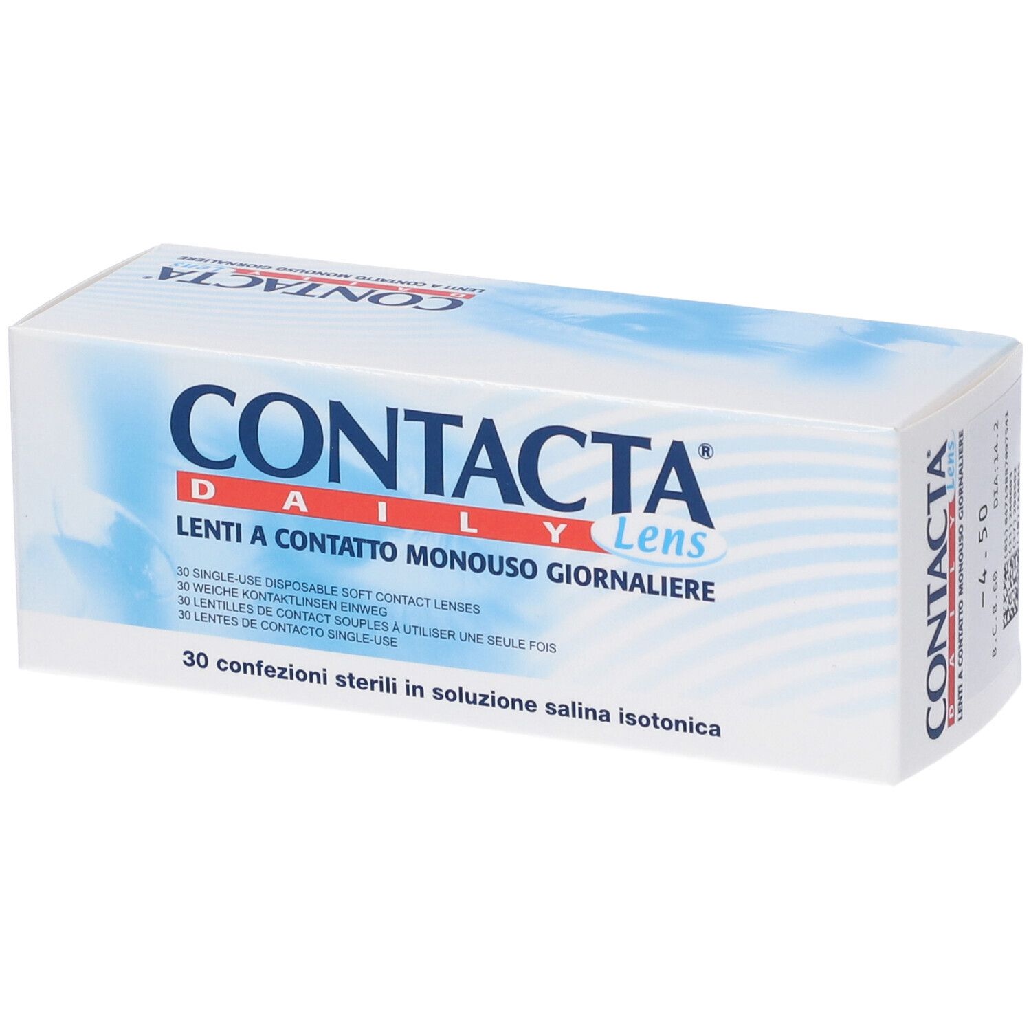 Confezione di lenti a contatto. Scritta CONTACTA Daily Lens. 30 lenti usa e getta. Soluzione sterile.