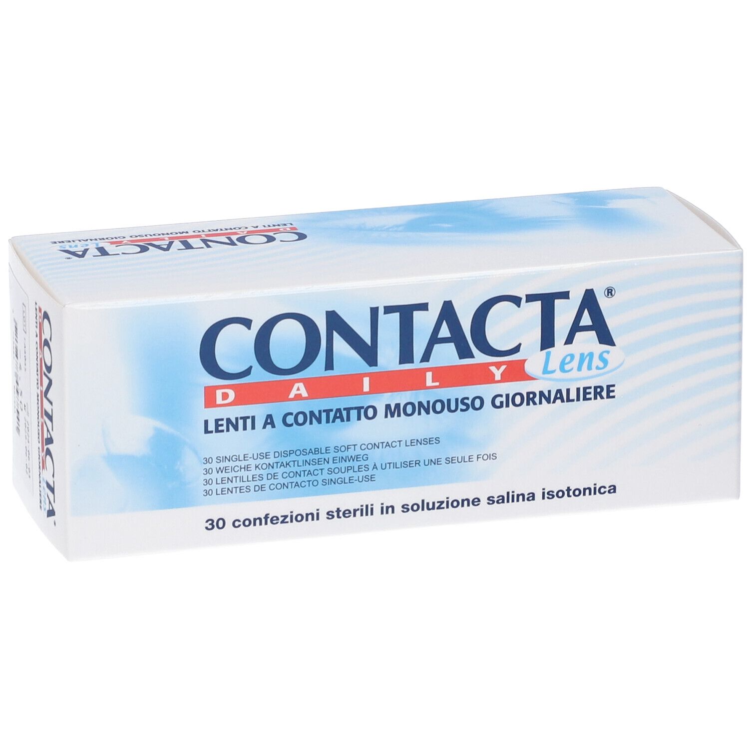 Confezione di lenti a contatto. Scritta CONTACTA Daily Lens. 30 lenti usa e getta. Soluzione sterile.
