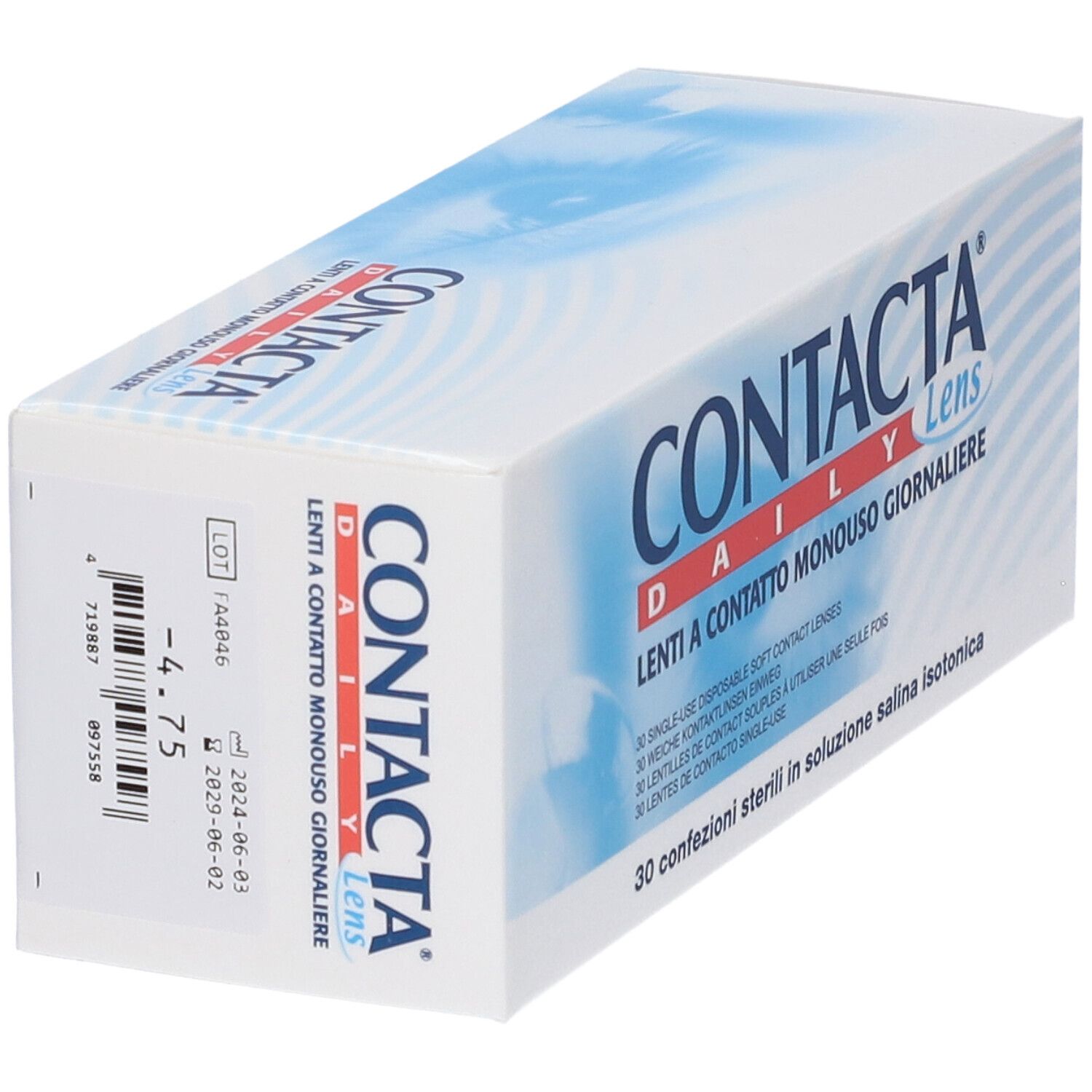 Confezione di lenti a contatto. Scatola bianca e blu con nome e testo del prodotto. 30 lenti sterili.