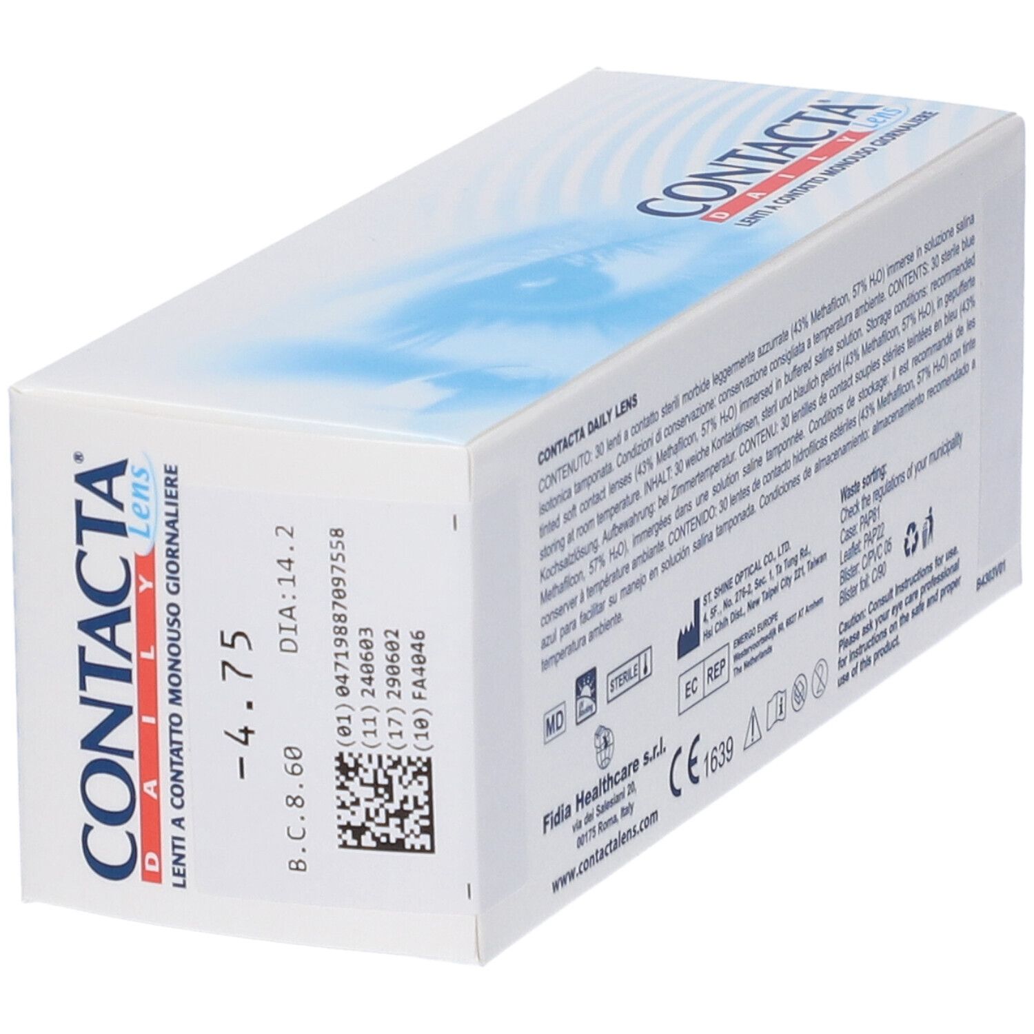 Confezione di lenti a contatto. Scatola bianca e blu con nome e testo del prodotto. -4,75 diottrie.