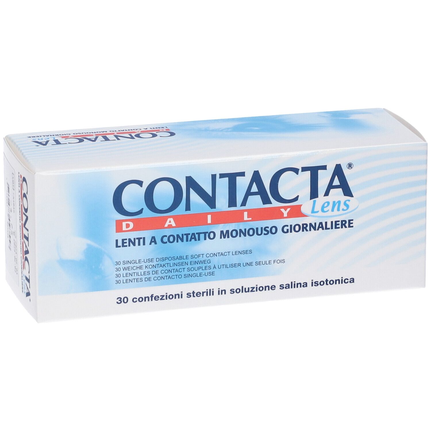 Confezione di lenti a contatto. Scatola bianca e blu con nome e testo del prodotto. 30 lenti sterili.