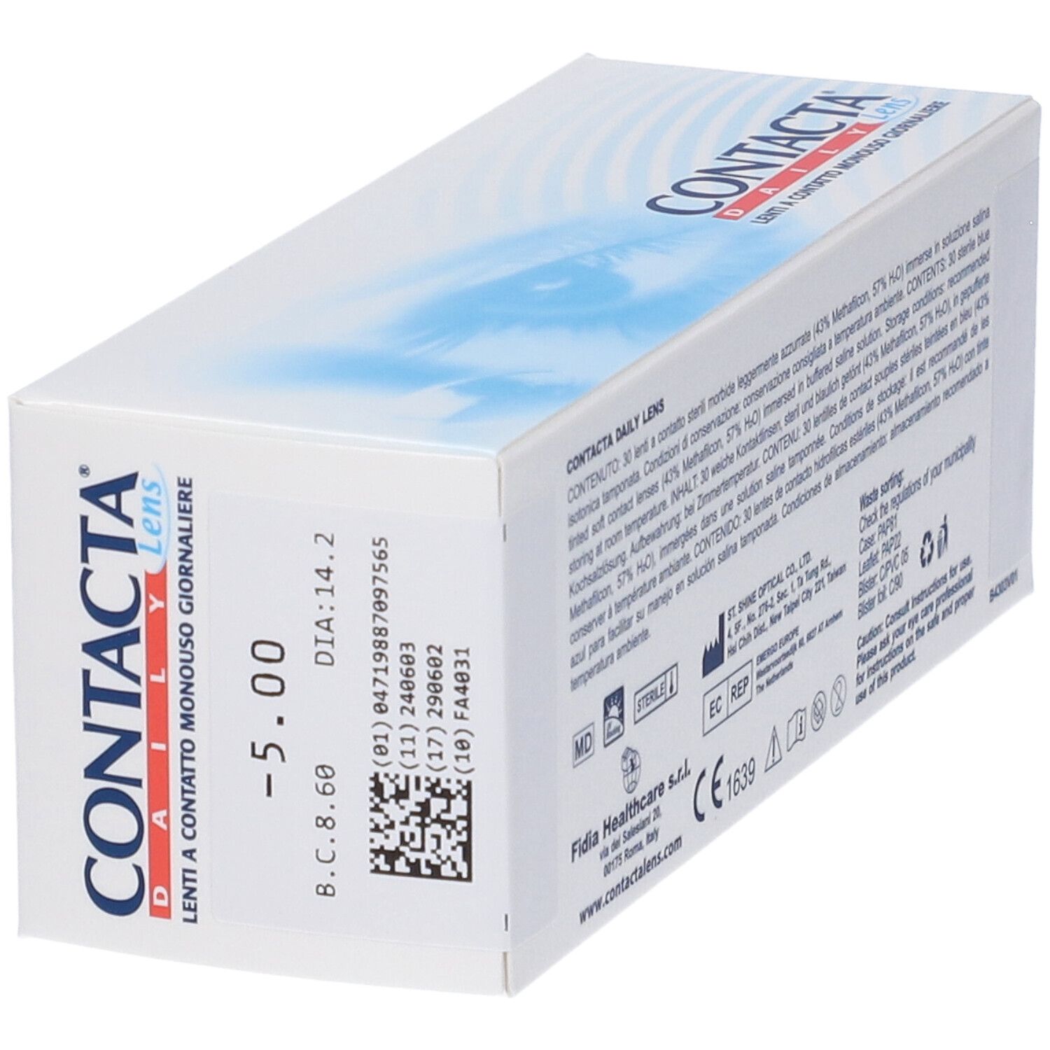 Confezione di lenti a contatto. Scritta CONTACTA DAILY Lens. Dettagli, codice a barre e -5,00 diottrie.