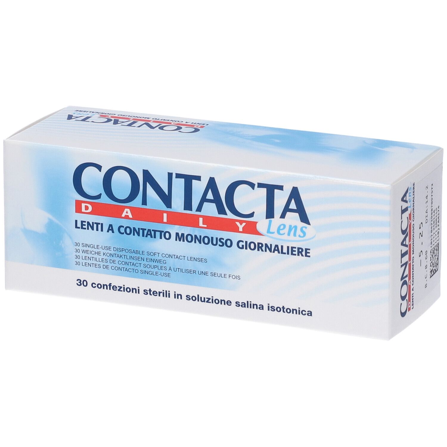 Confezione di Contacta Daily Lens. Scatola bianca con testo blu. Testo: Lenti a Contatto Monouso Giornaliere.