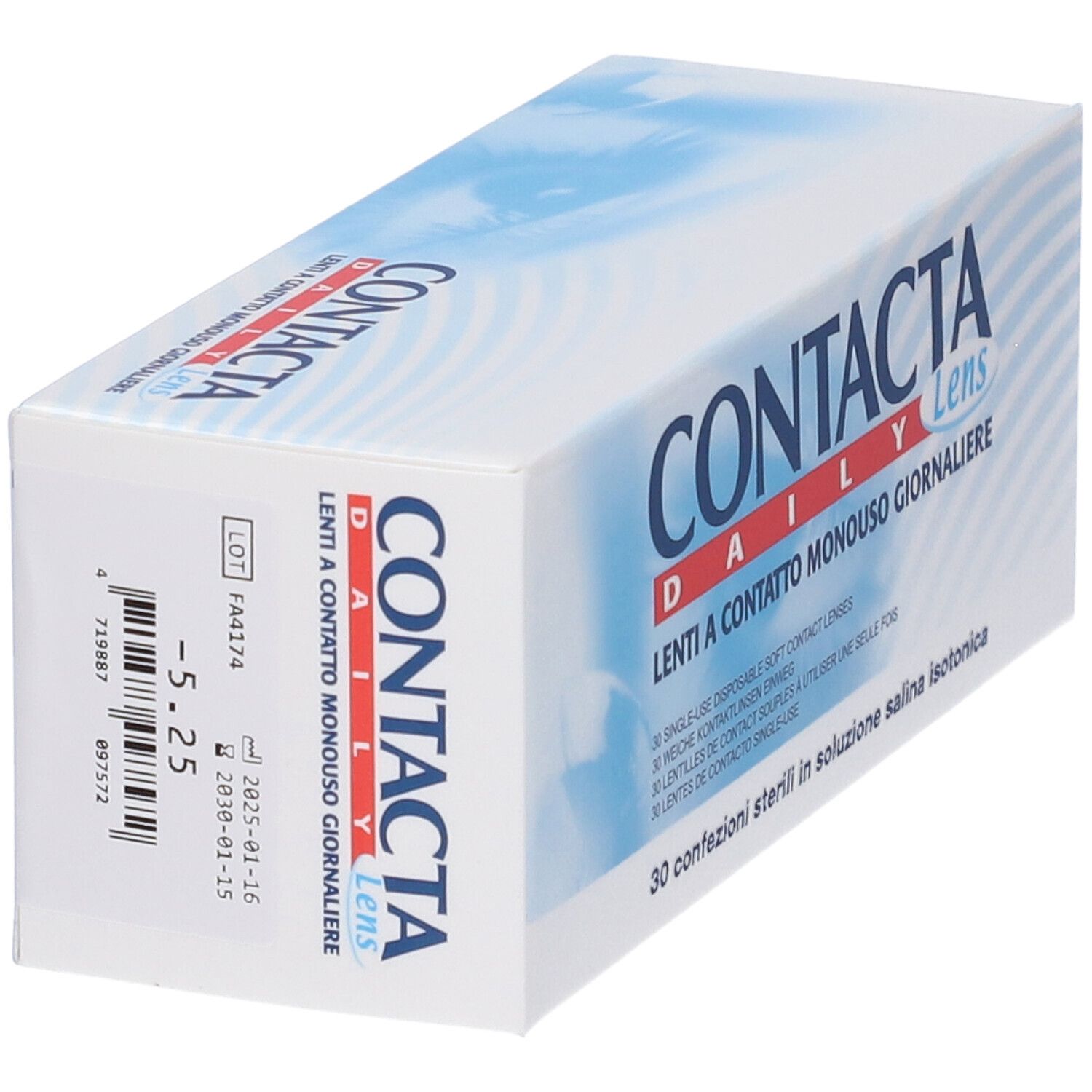 Confezione di Contacta Daily Lens. Scatola bianca con testo blu. Testo: Lenti a Contatto Monouso Giornaliere.