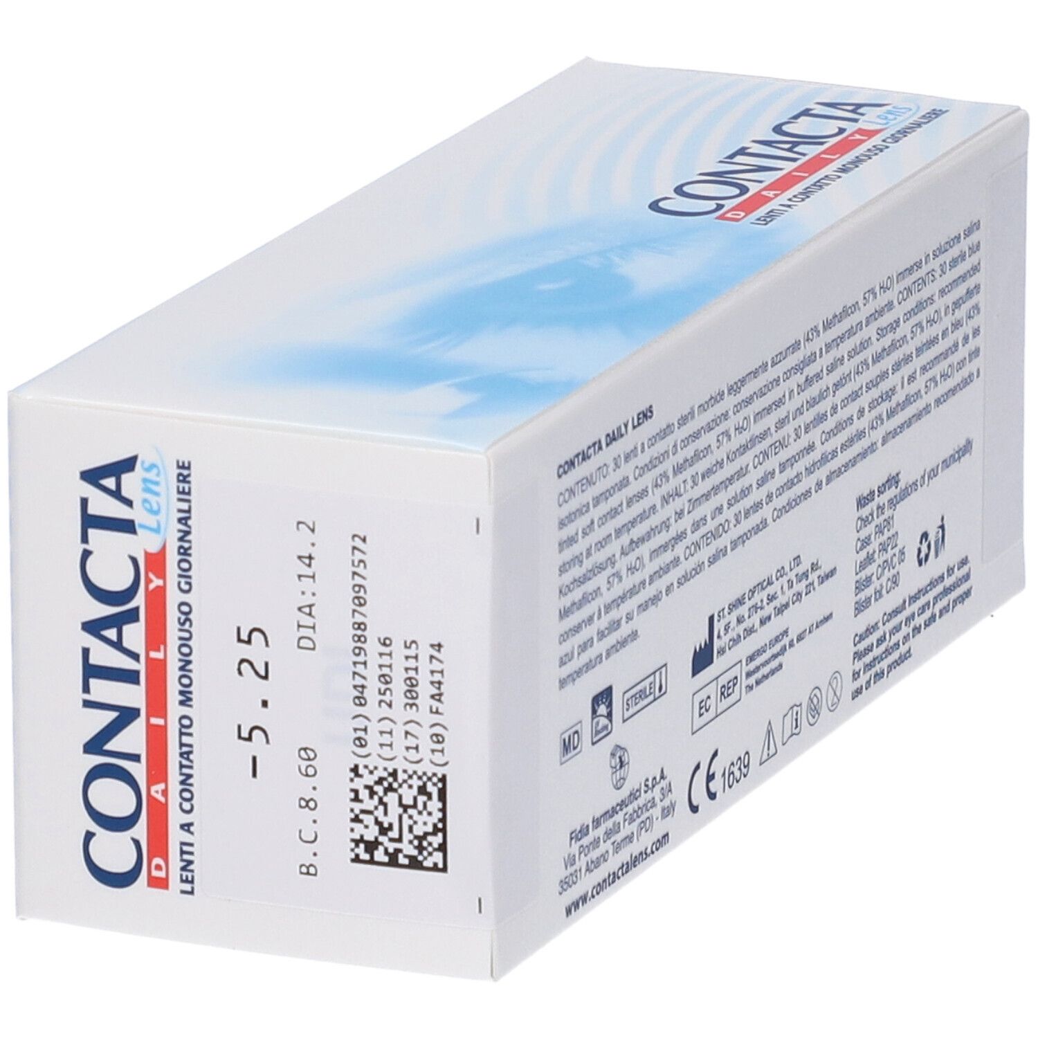 Confezione Contacta Daily Lens. Scatola bianca con testo blu. Testo: Lenti a Contatto Monouso Giornaliere. -5.25.