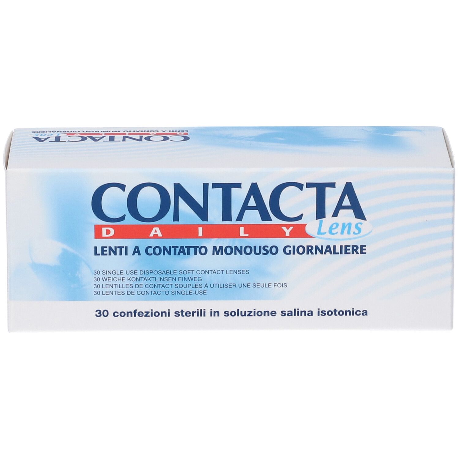 Confezione di Contacta Daily Lens. Scatola bianca con testo blu. Testo: Lenti a Contatto Monouso Giornaliere.