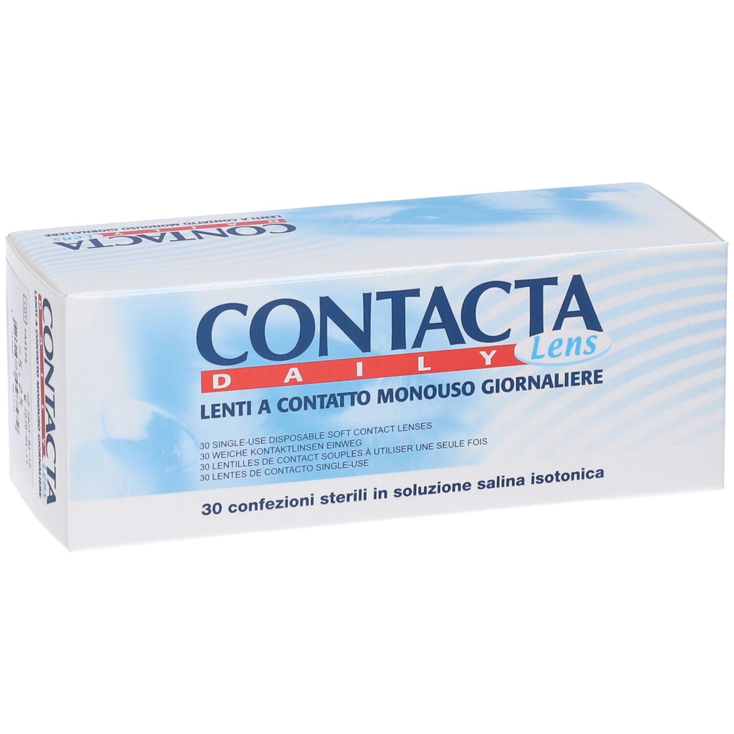 Confezione di Contacta Daily Lens. Scatola bianca con testo blu. Testo: Lenti a Contatto Monouso Giornaliere.