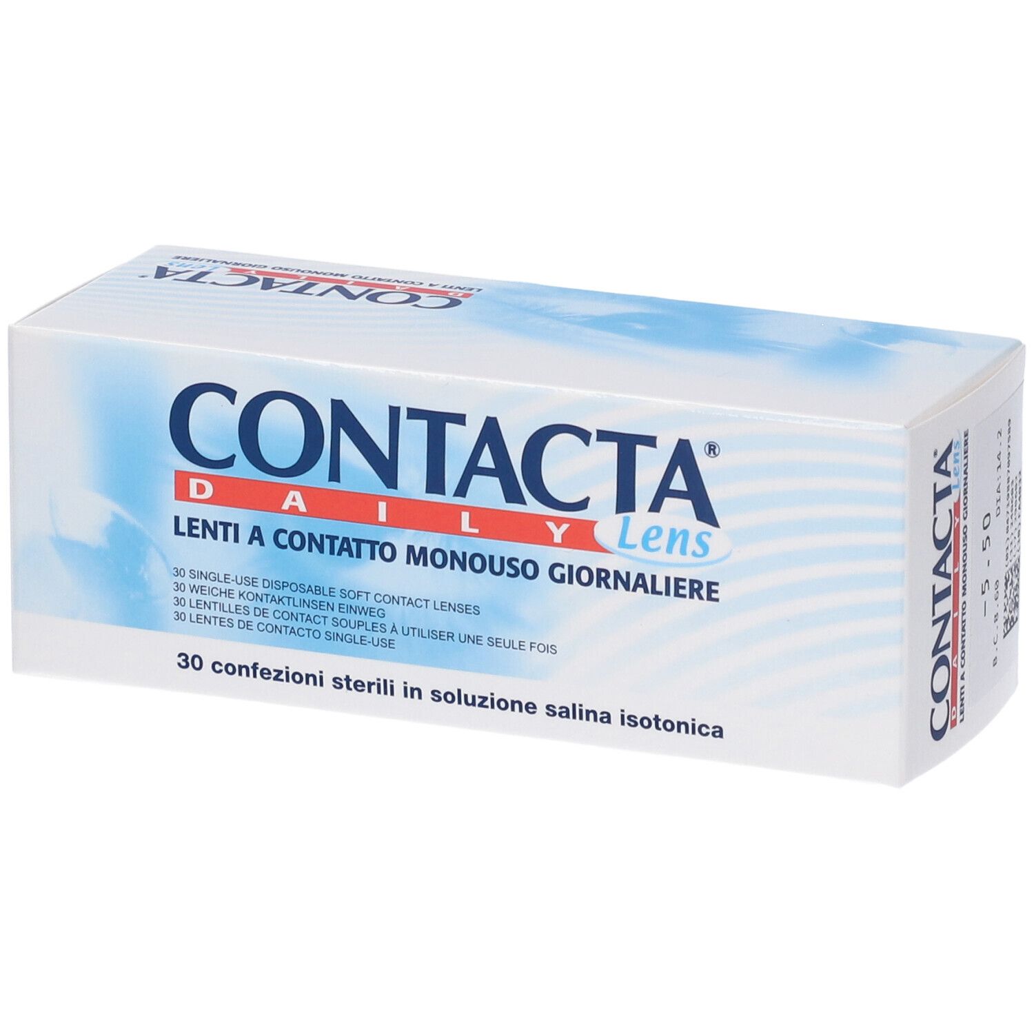 Scatola bianca con grafica blu e testo CONTACTA Daily Lens. Testo: Lenti a contatto monouso giornaliere.