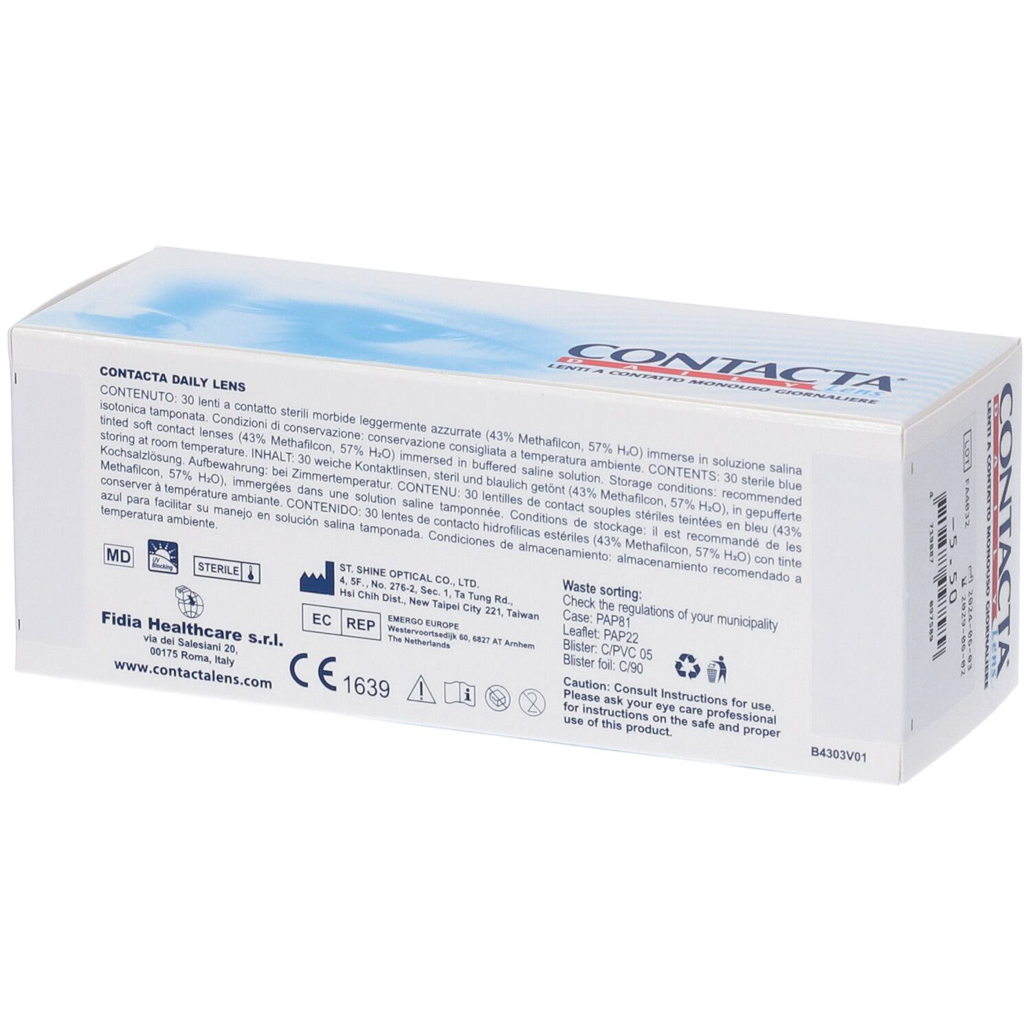 Retro di una scatola bianca con testo e loghi. Testo: CONTACTA Daily Lens, ingredienti, informazioni produttore.
