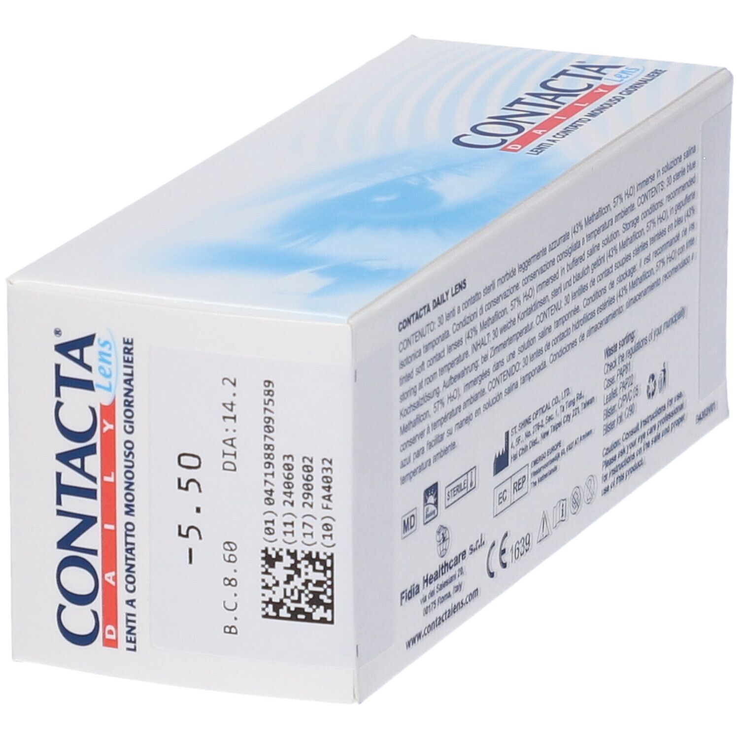 Scatola con testo e codice a barre. Testo: CONTACTA Daily Lens, -5.50, B.C. 8.60, DIA:14.2, FA4032.