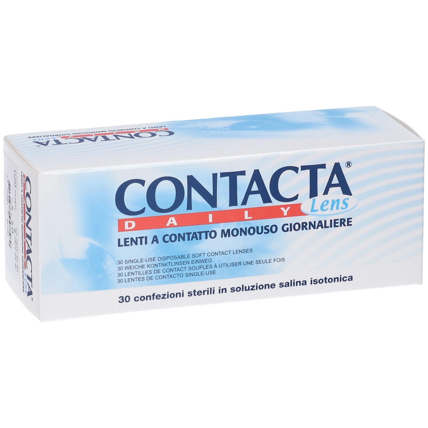 Scatola bianca con grafica blu e testo CONTACTA Daily Lens. Testo: Lenti a contatto monouso giornaliere.
