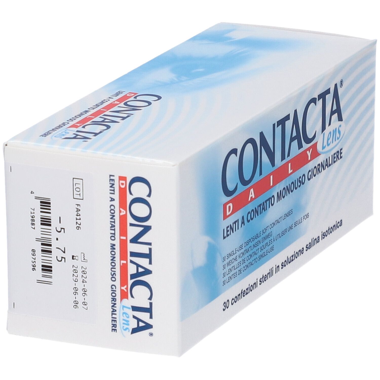 Confezione Contacta Daily Lens. Dettagli sulla gradazione e scadenza. Scritta in italiano.