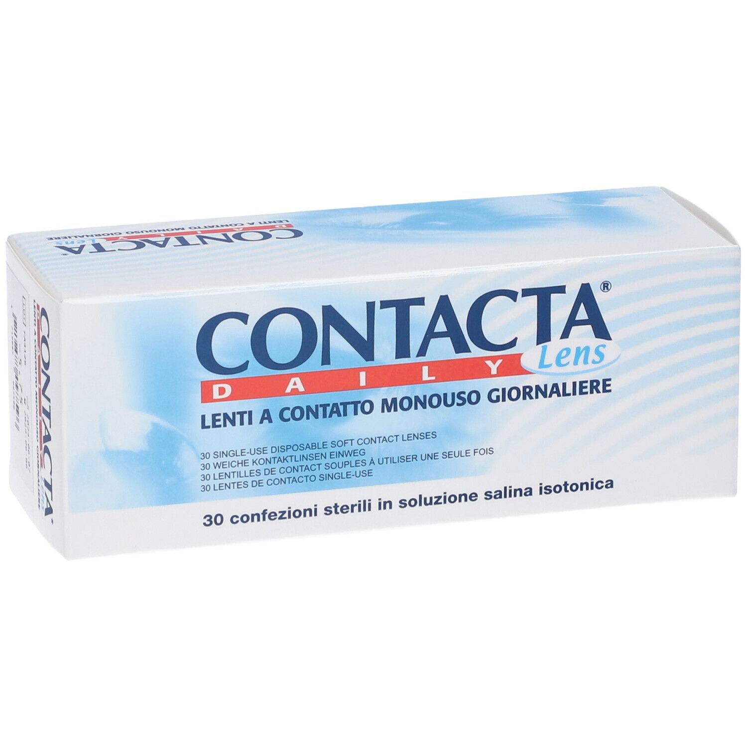 Confezione di lenti a contatto Contacta Daily Lens. 30 lenti giornaliere. Scritta in italiano.