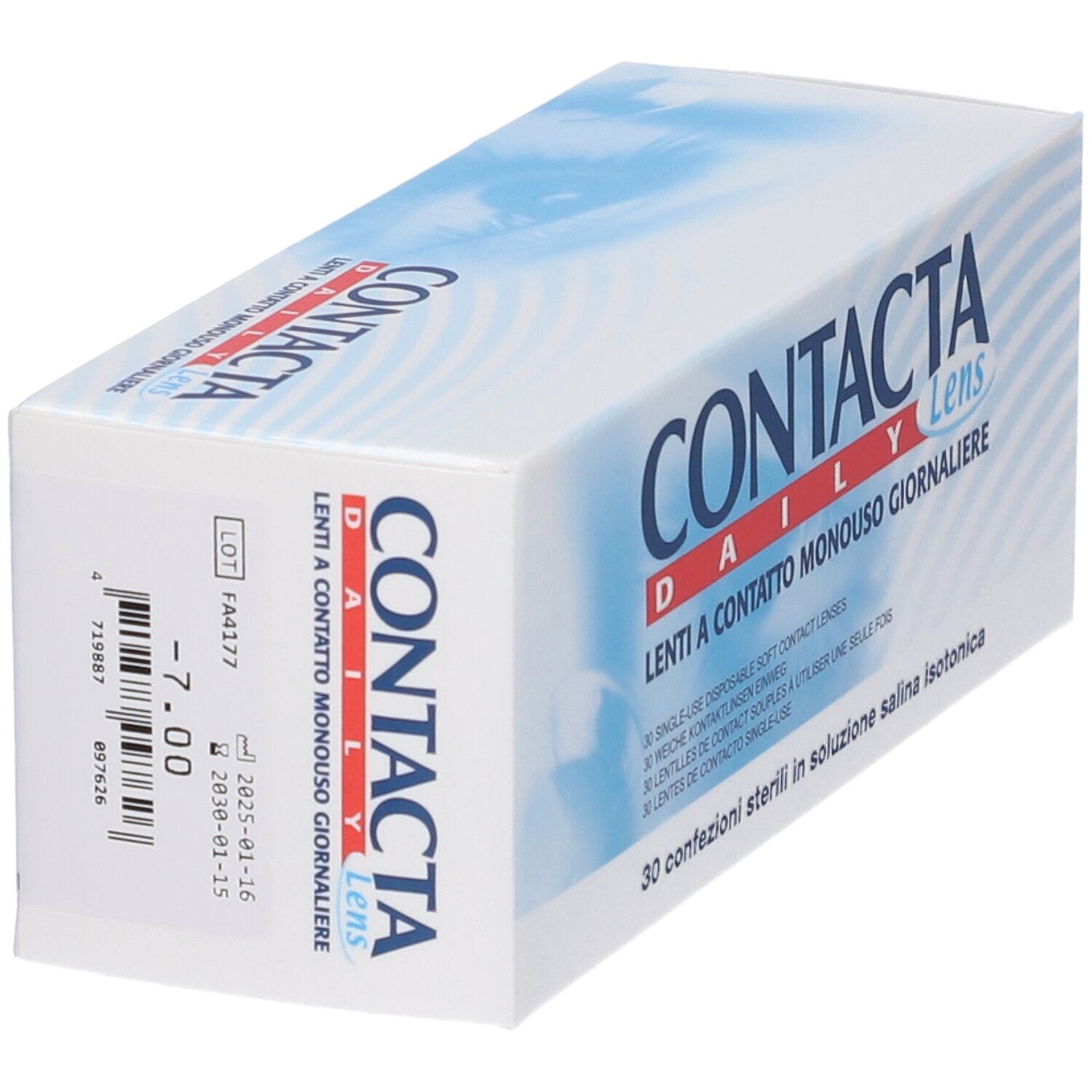 Scatola bianca con grafica blu. Scritta CONTACTA Daily Lens, testo italiano. 30 lenti.