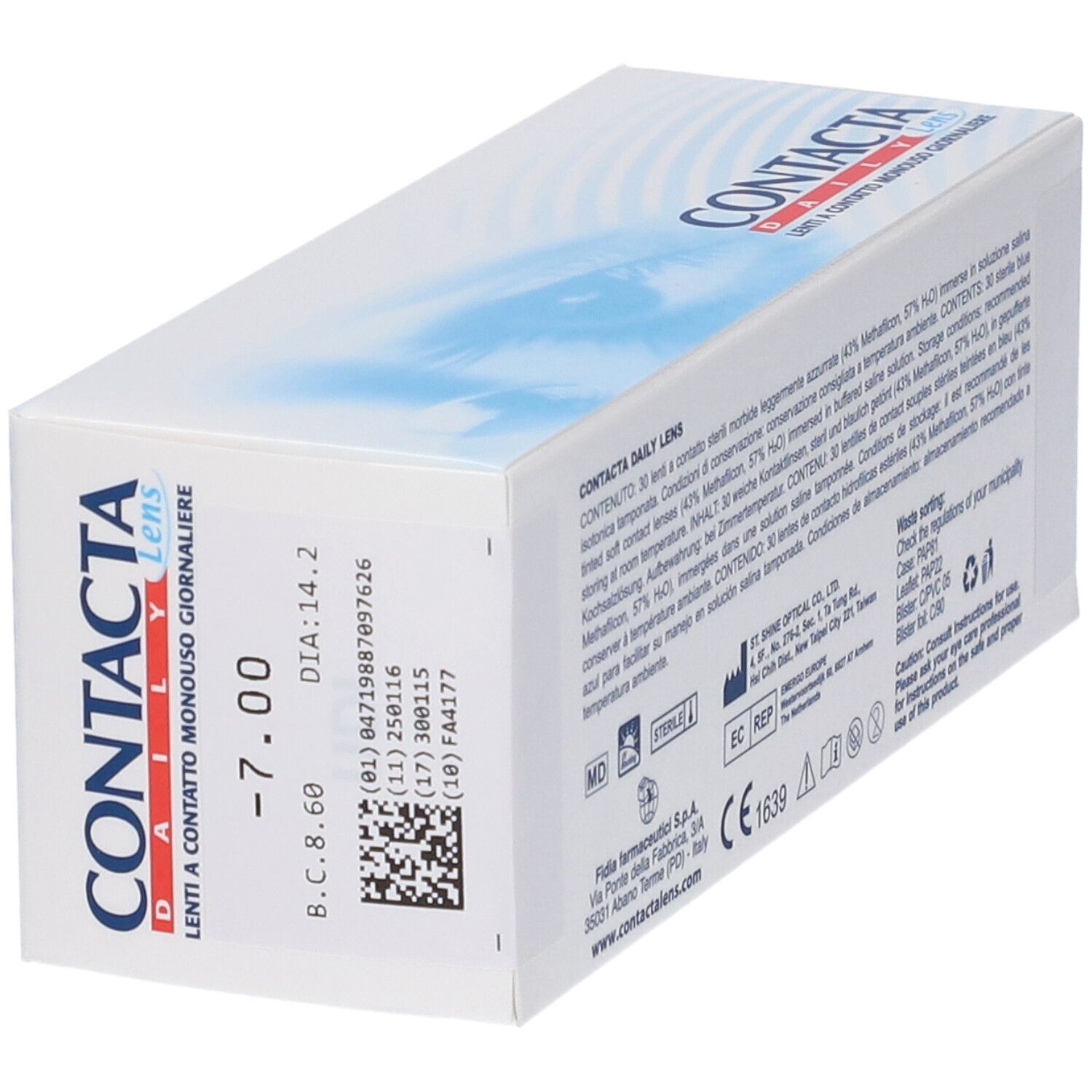 Scatola bianca con grafica blu. Scritta CONTACTA Daily Lens, testo italiano. 30 lenti. -7.00.