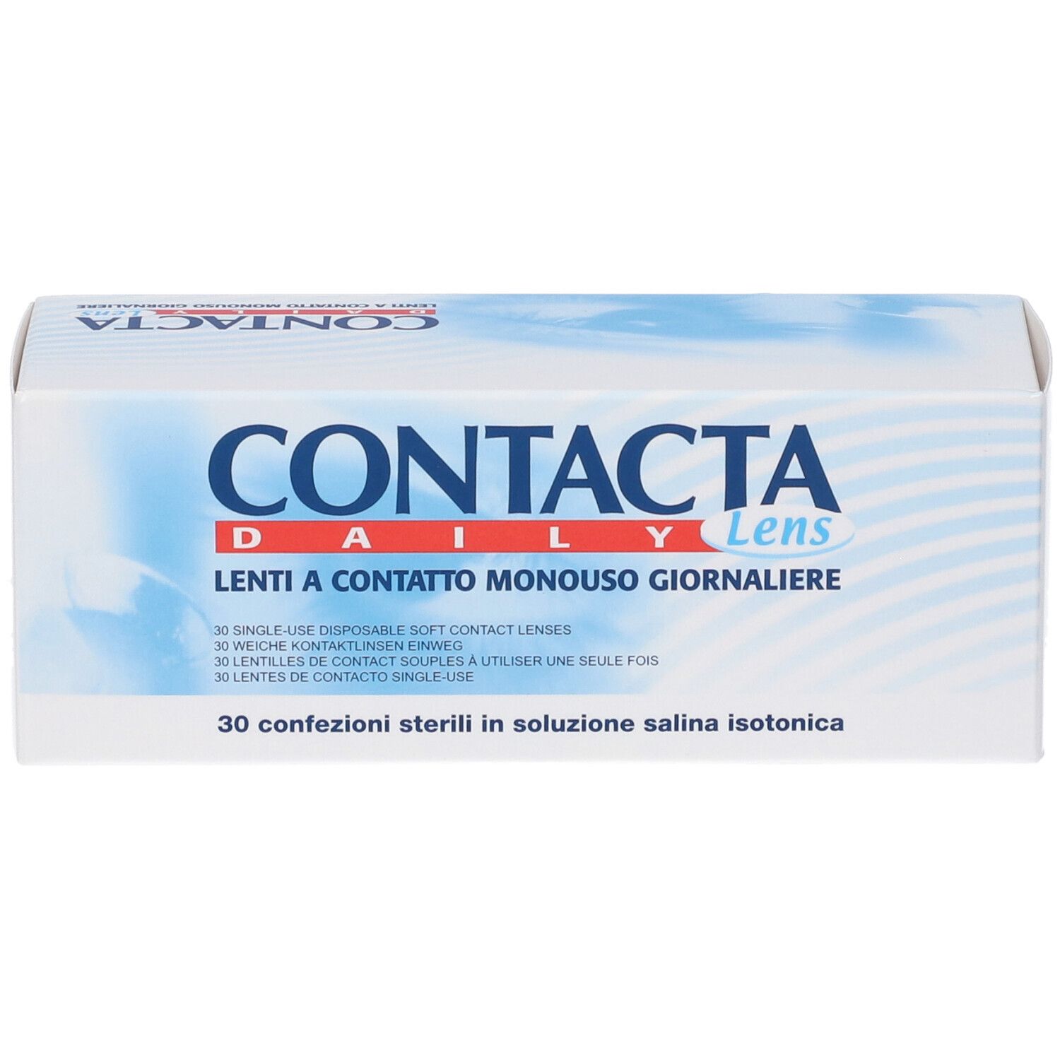 Scatola bianca con grafica blu. Scritta CONTACTA Daily Lens, testo italiano. 30 lenti.