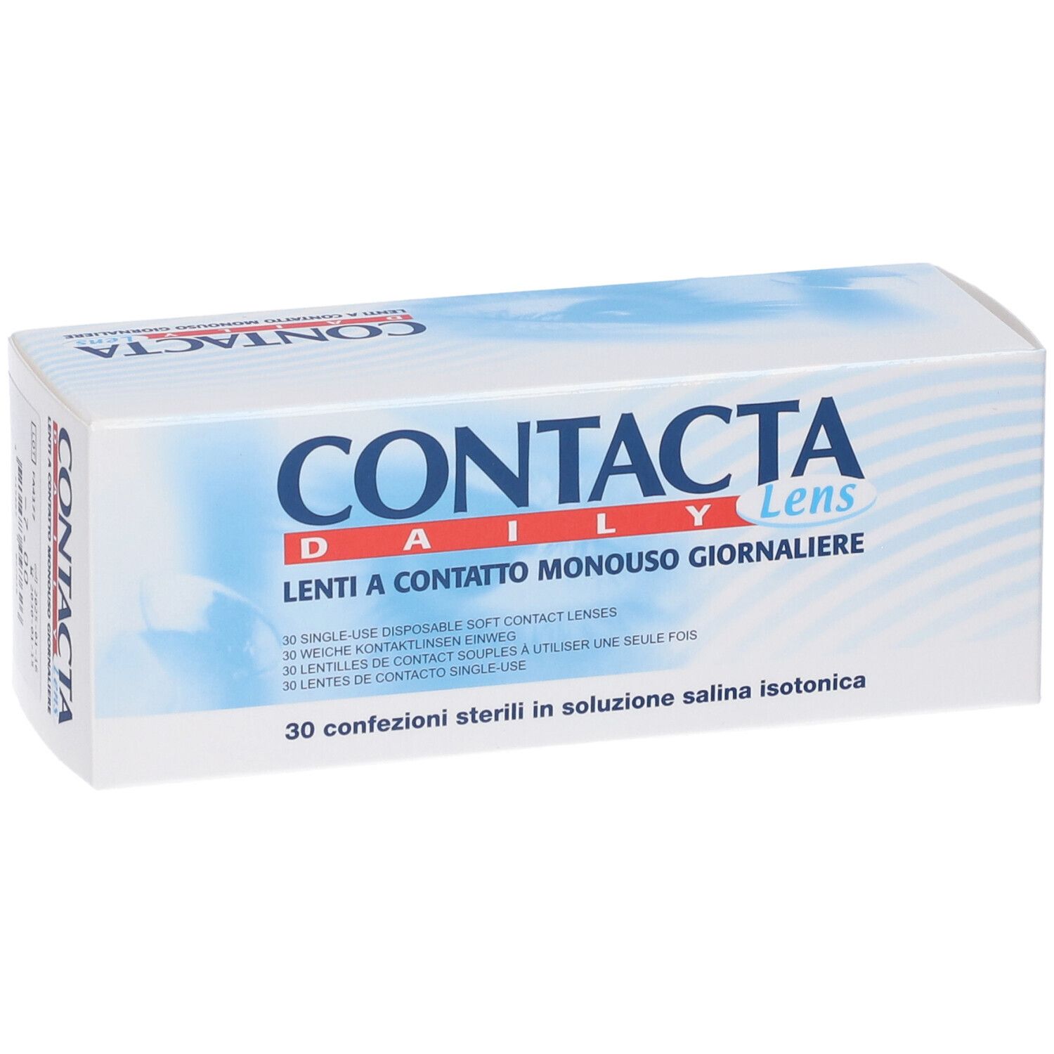 Scatola bianca con grafica blu. Scritta CONTACTA Daily Lens, testo italiano. 30 lenti.
