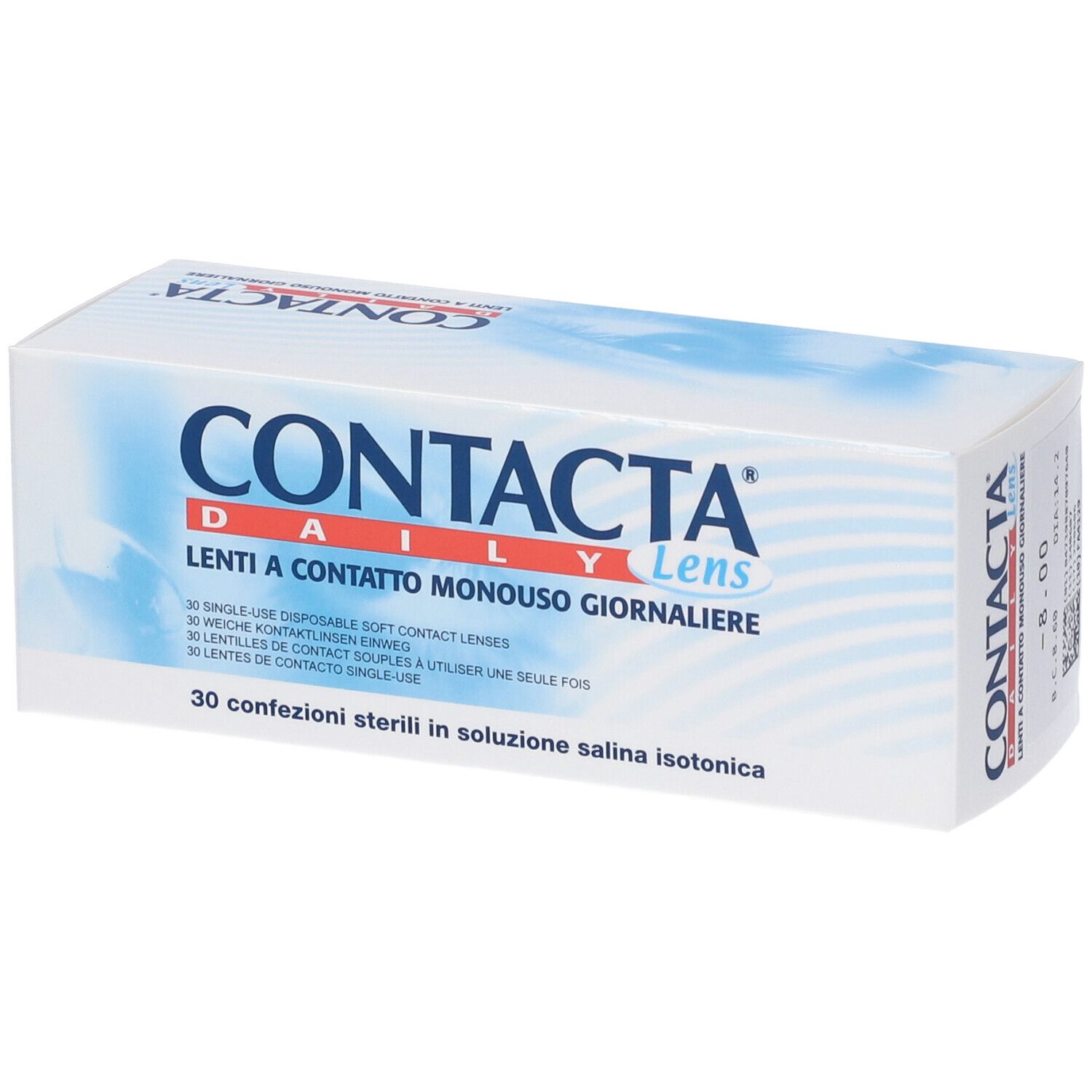 Scatola bianca con testo blu. Scritto CONTACTA Daily Lens. 30 lenti.