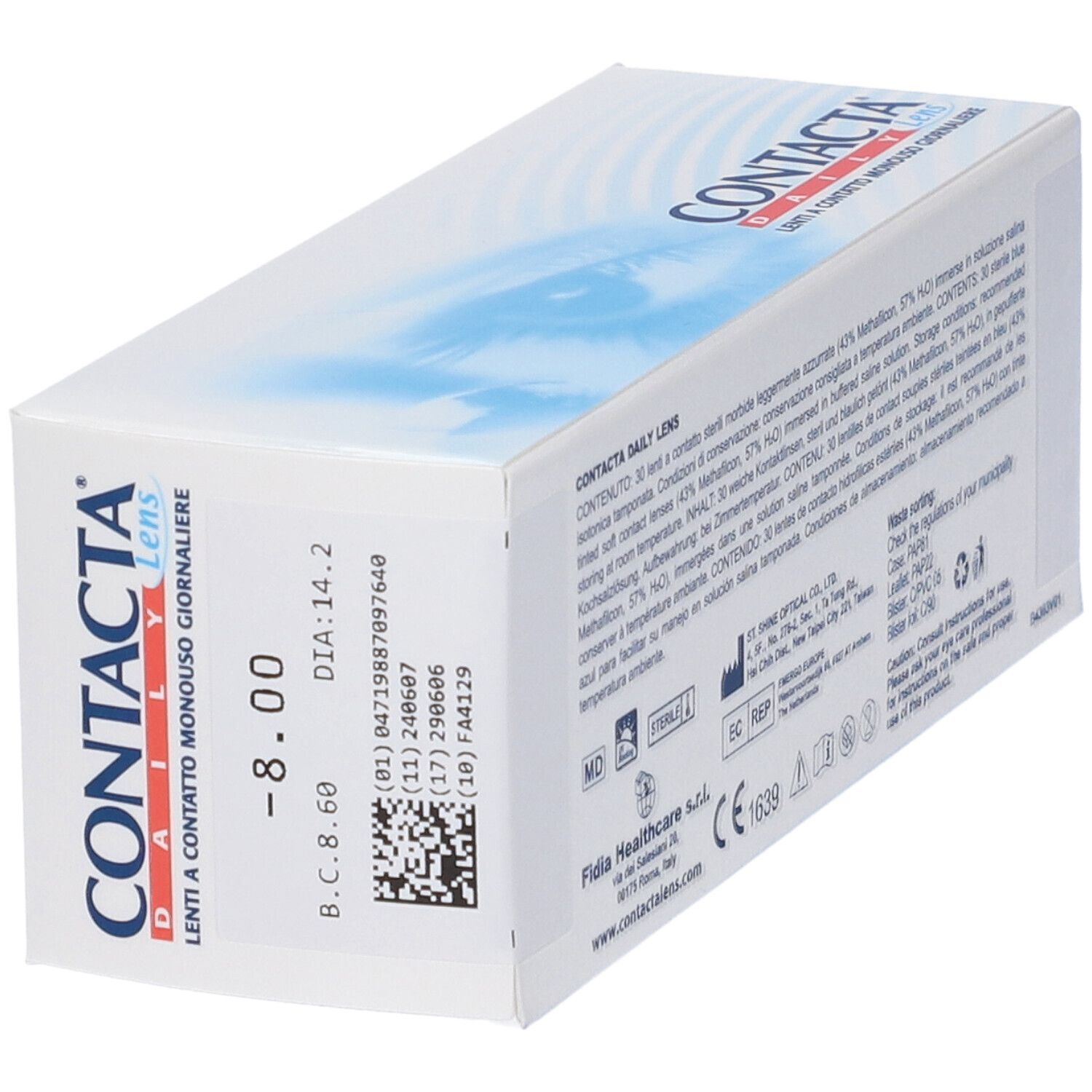 Scatola con testo blu. Scritto CONTACTA Daily Lens. Informazioni e codice a barre. -8.00.
