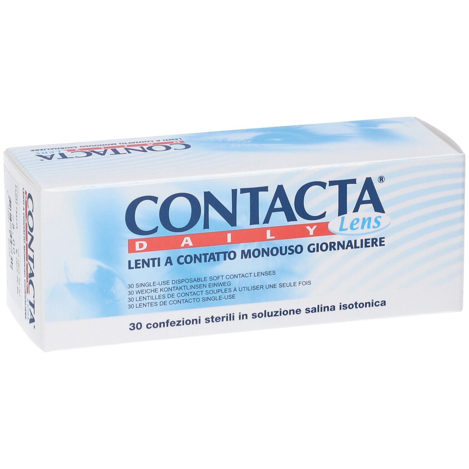 Scatola bianca con testo blu. Scritto CONTACTA Daily Lens. 30 lenti.